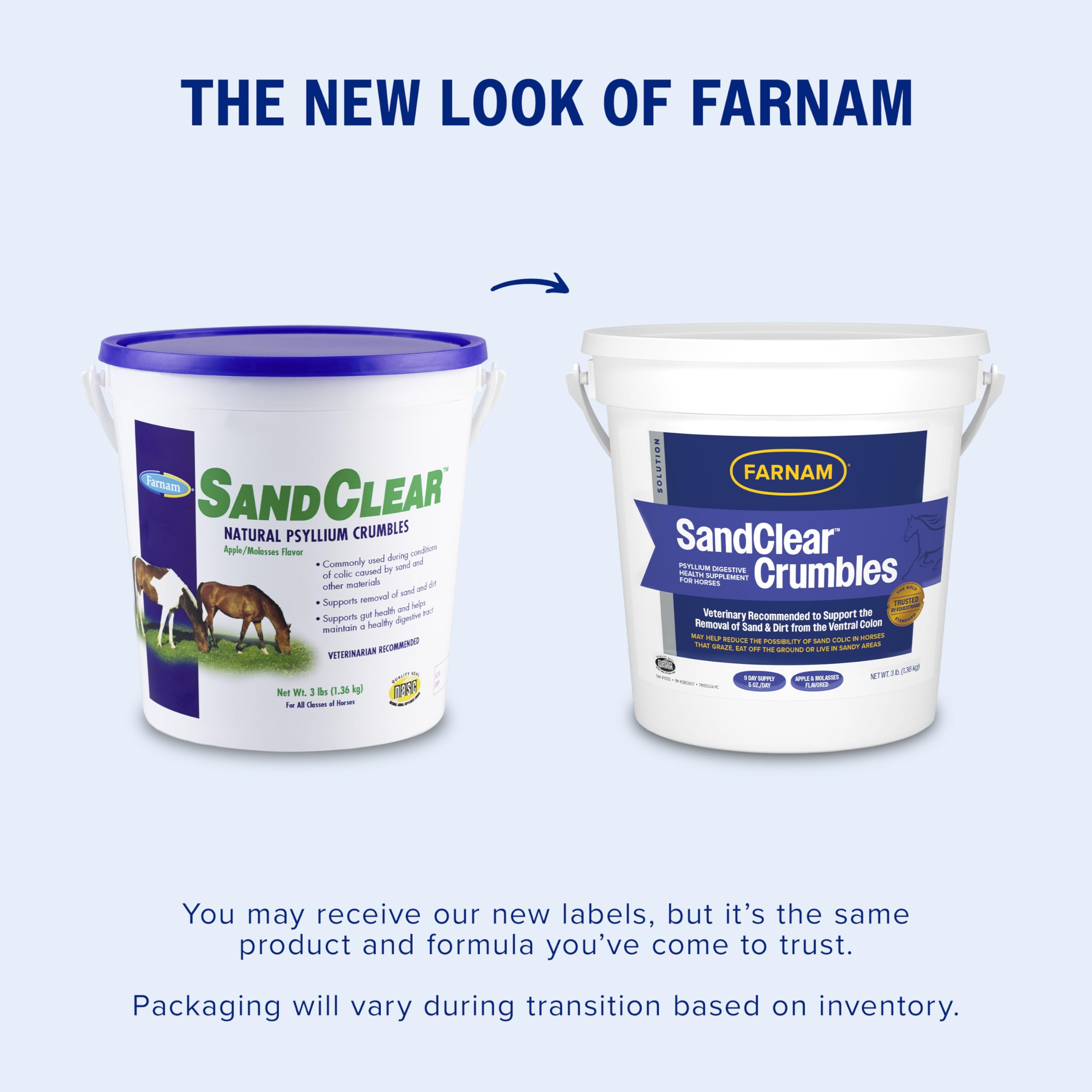 Farnam SandClear label closeup, trusted horse supplement for digestive support