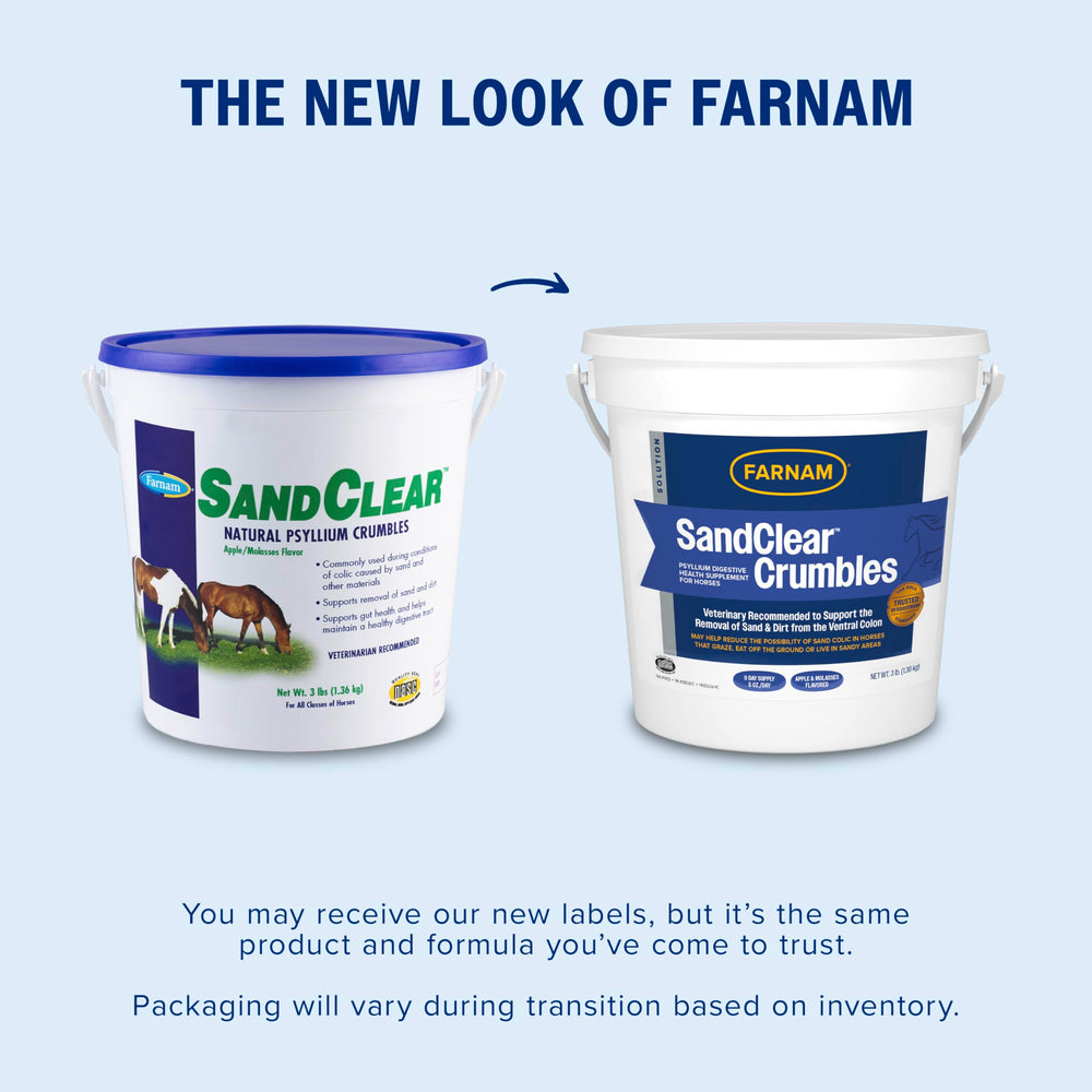 Farnam SandClear label closeup, trusted horse supplement for digestive support