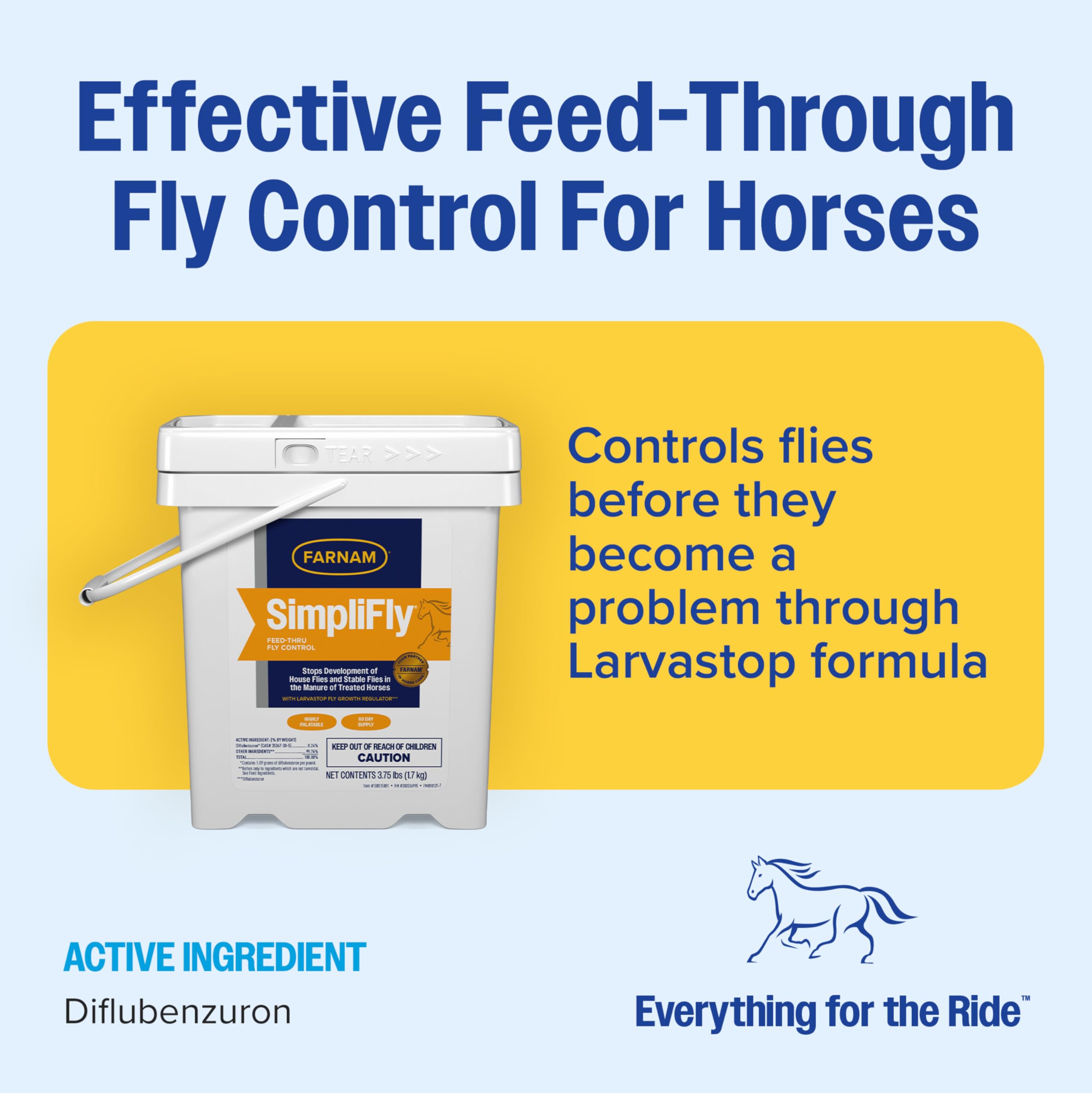 Farnam SimpliFly label highlights the diflubenzuron ingredient for manure-based fly control.