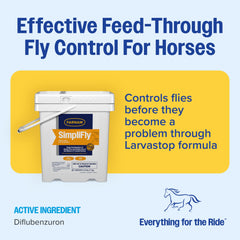 Farnam SimpliFly label highlights the diflubenzuron ingredient for manure-based fly control.