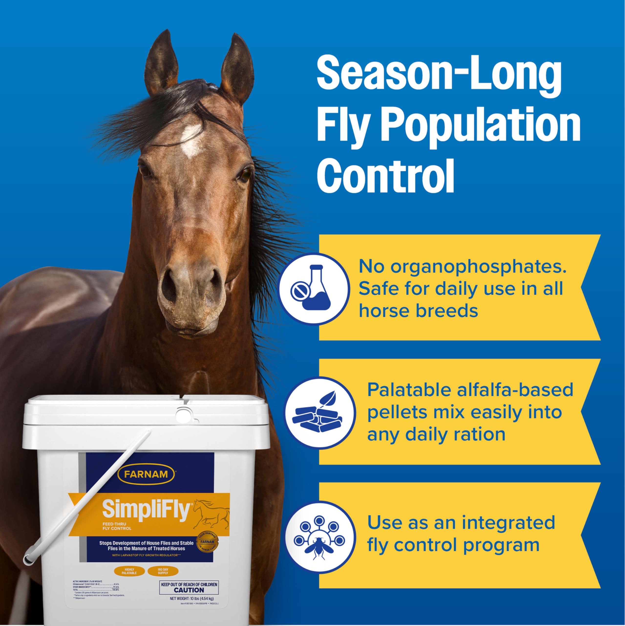 Palatable Farnam SimpliFly alfalfa pellets for easy daily feeding.
