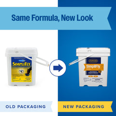 SimpliFly pellets being poured into horse feed for easy daily fly control.