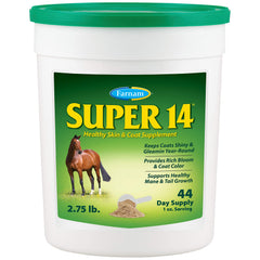 Farnam Super 14 bottle closeup highlights coat shine and year-round conditioning.
