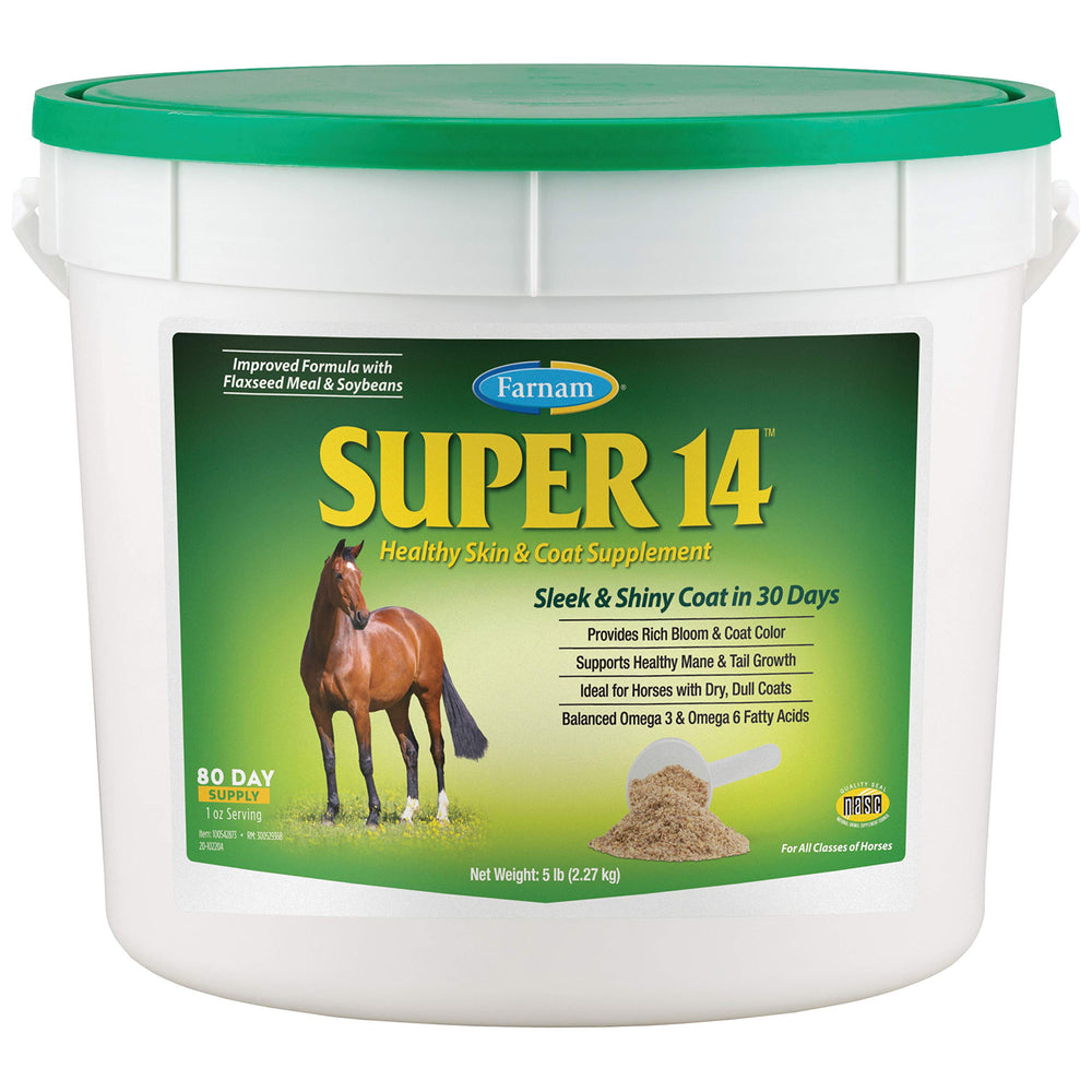 Farnam Super 14 bottle beside a glossy coat view highlights product benefits.