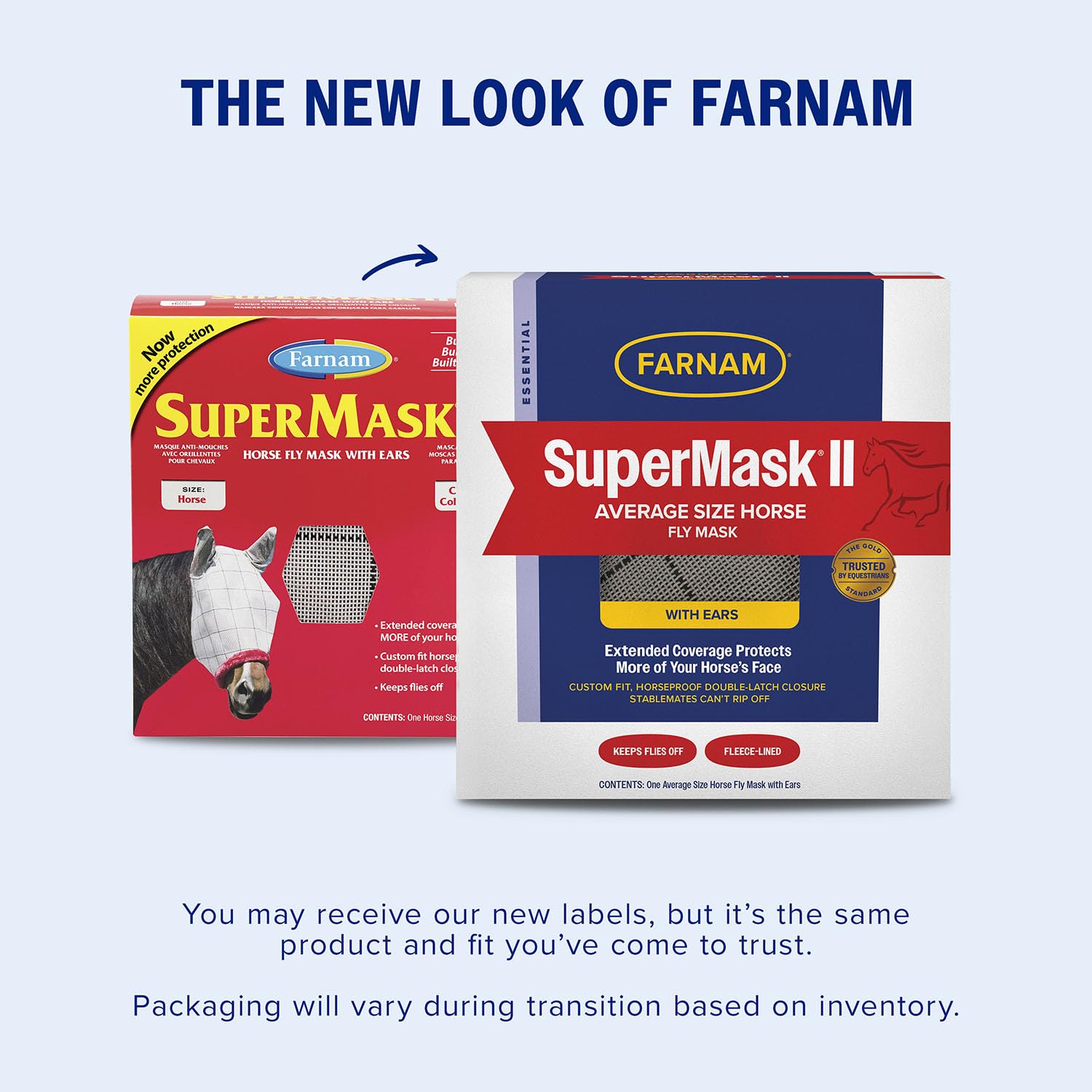 Farnam SuperMask II double-latch closure under jaw improves stay power during play