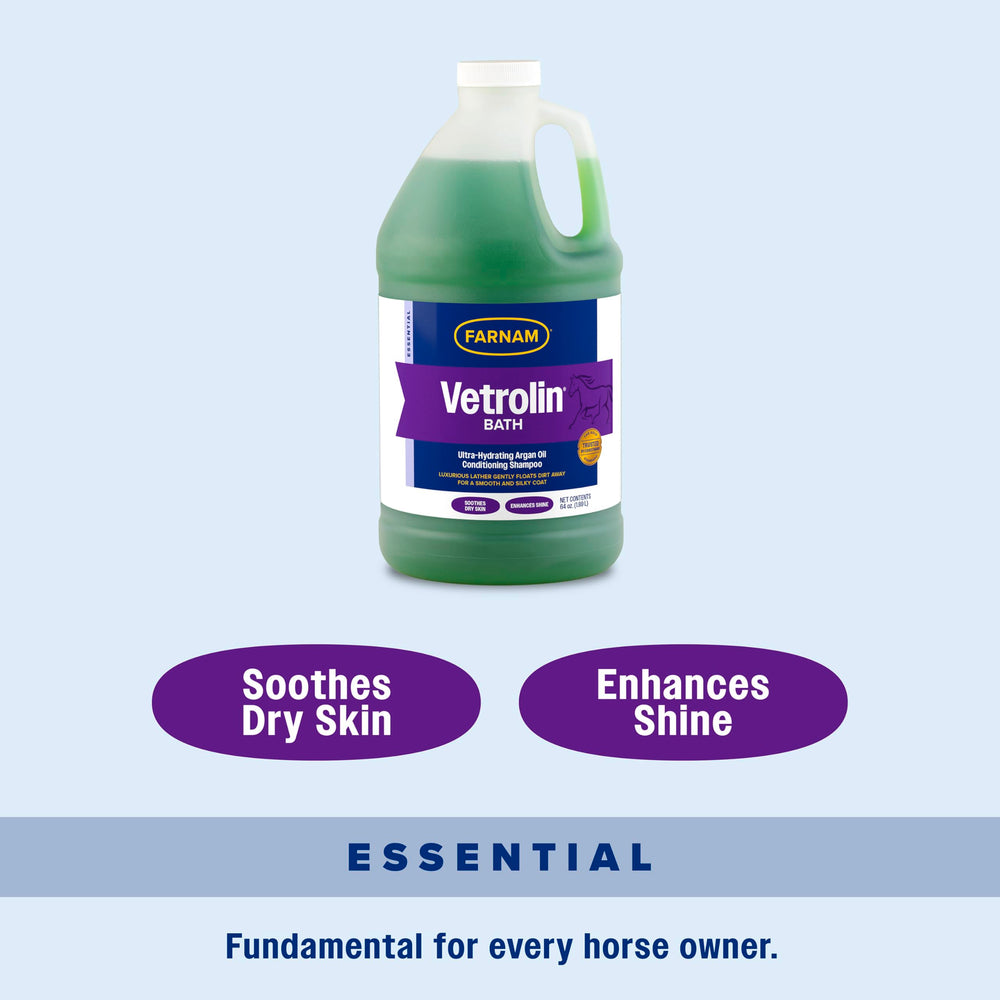 Farnam Vetrolin Bath creates silky coat for easier brushing.