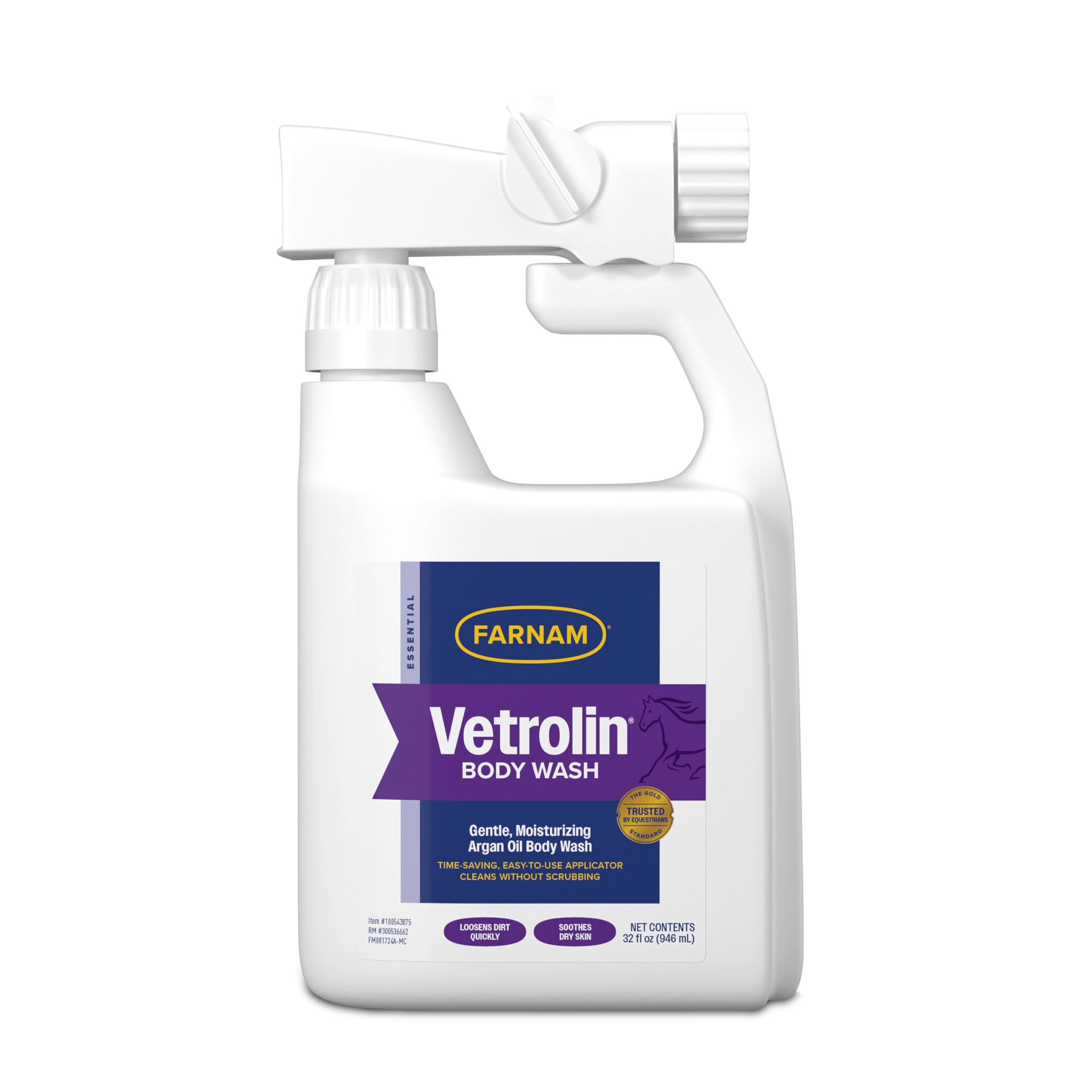 Farnam Vetrolin Body Wash bottle pour shows convenient one-step grooming for horses and dogs.