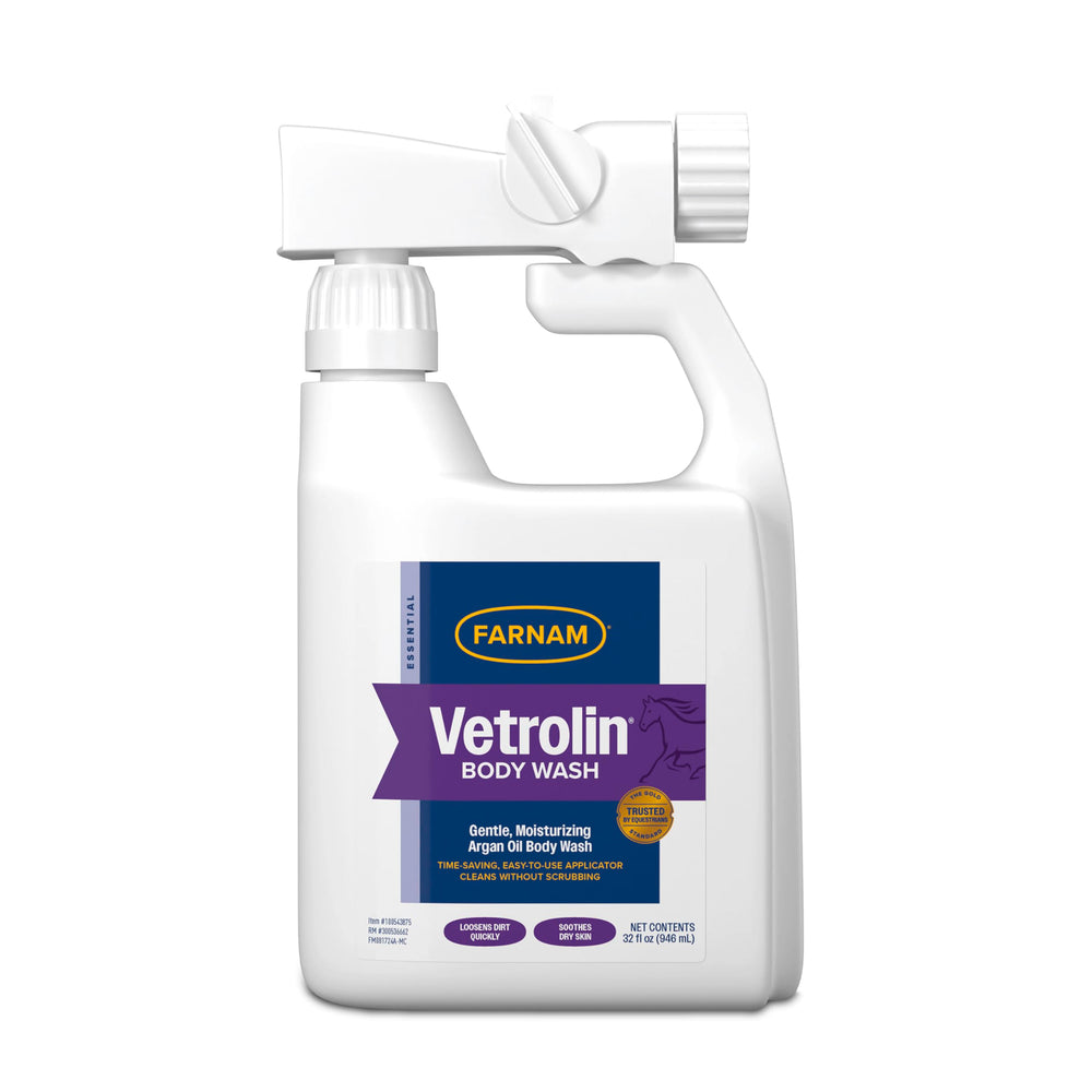 Farnam Vetrolin Body Wash bottle pour shows convenient one-step grooming for horses and dogs.