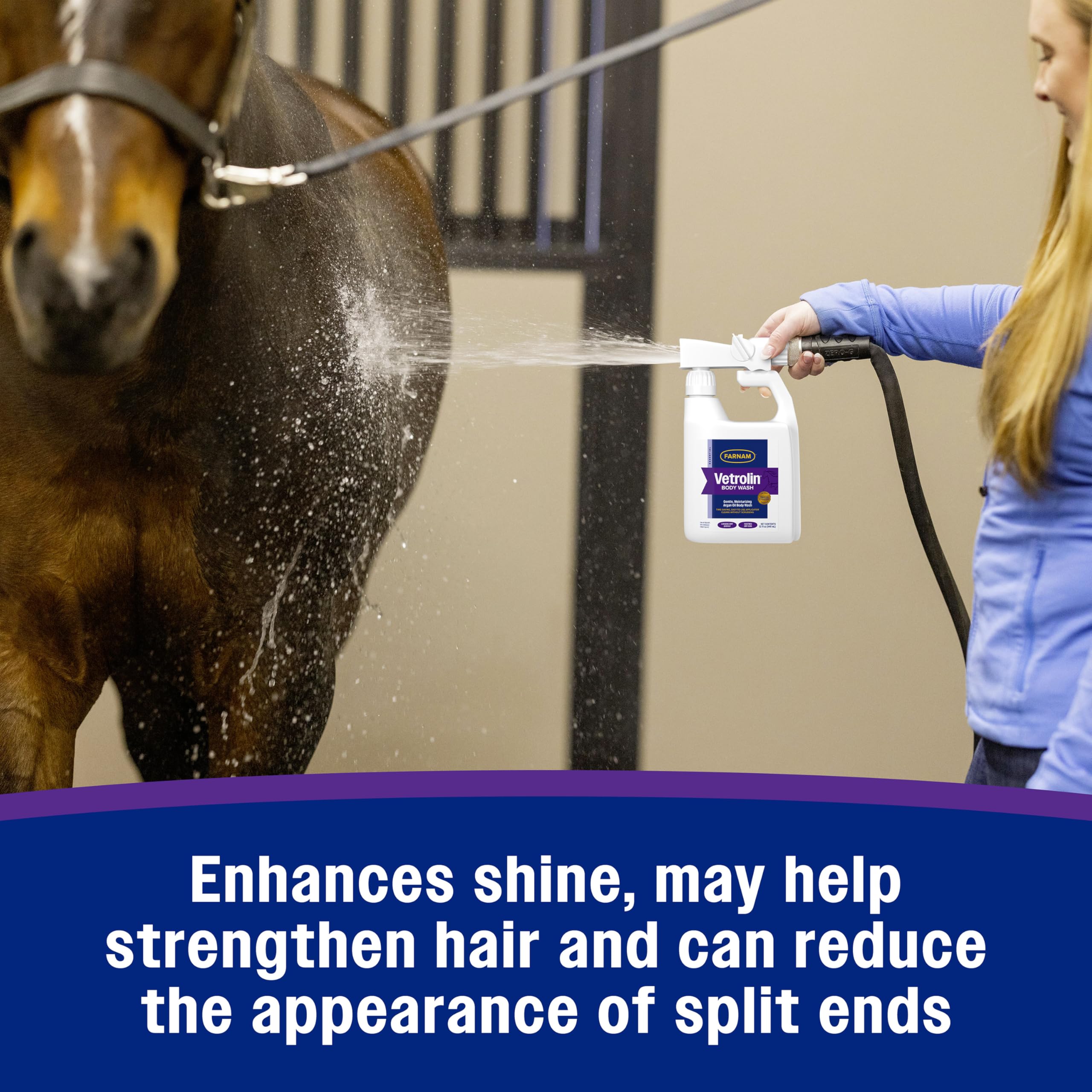 Farnam Vetrolin Body Wash eases coat tangles and improves manageability.