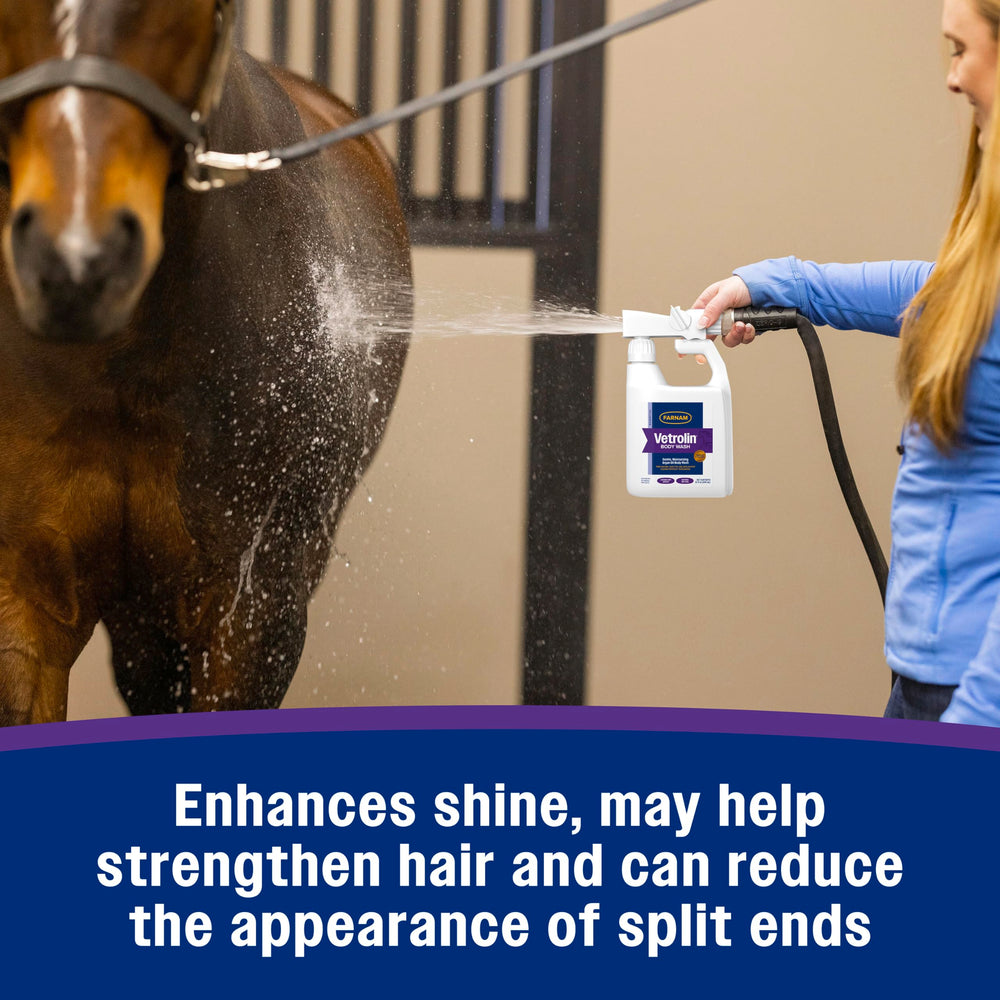 Farnam Vetrolin Body Wash eases coat tangles and improves manageability.