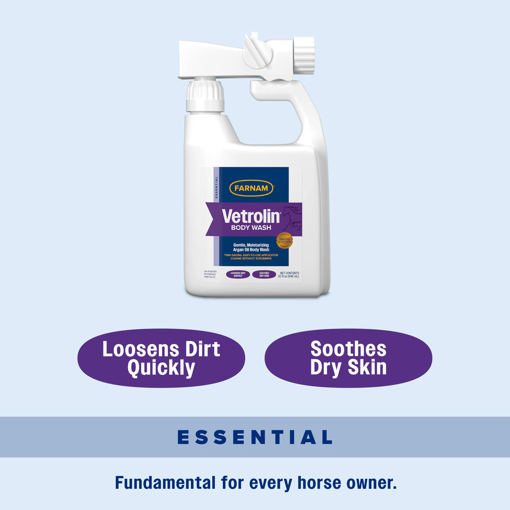 Farnam Vetrolin Body Wash for horses and dogs supports a shiny coat.