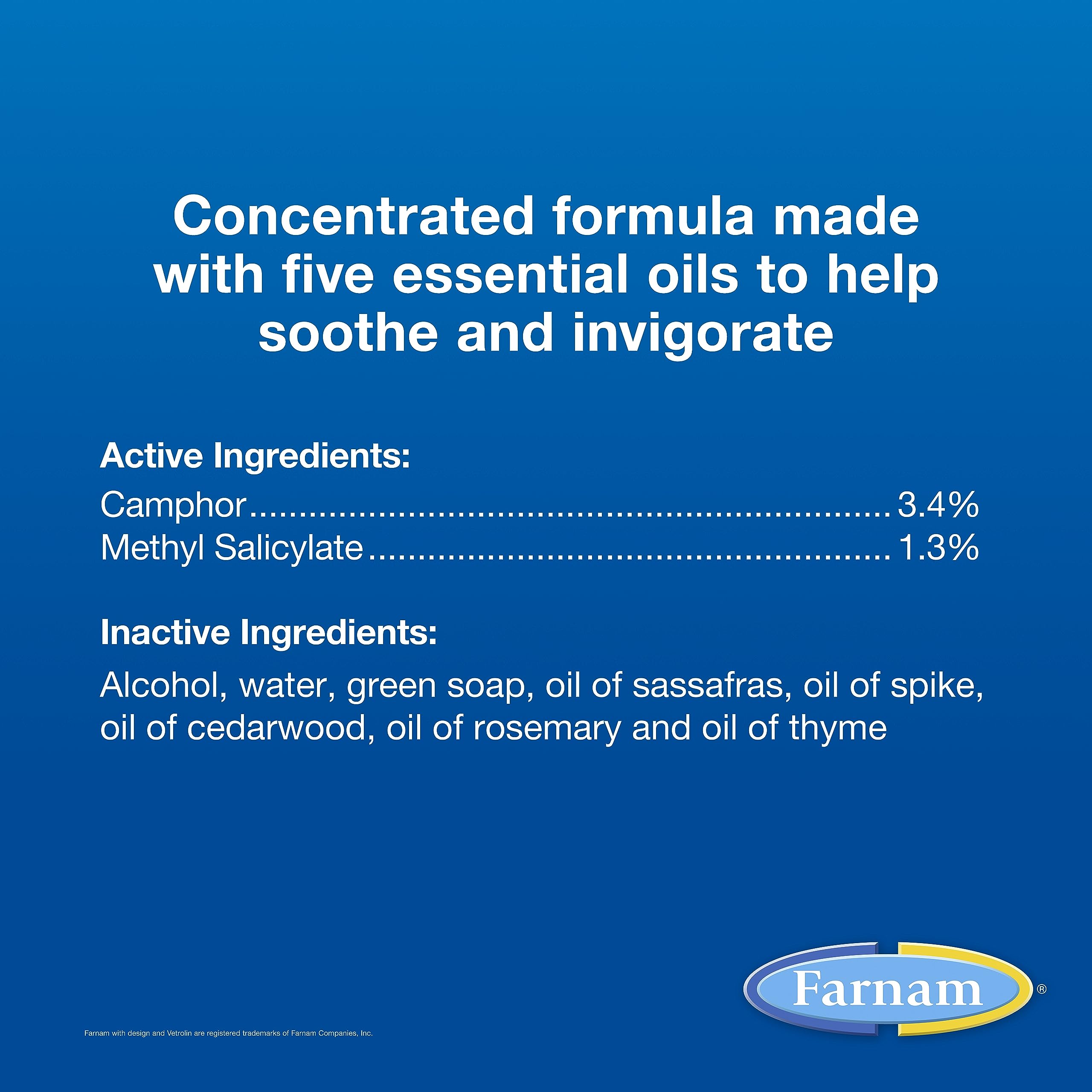 Five essential oils infusion with Vetrolin liniment and calming aroma.