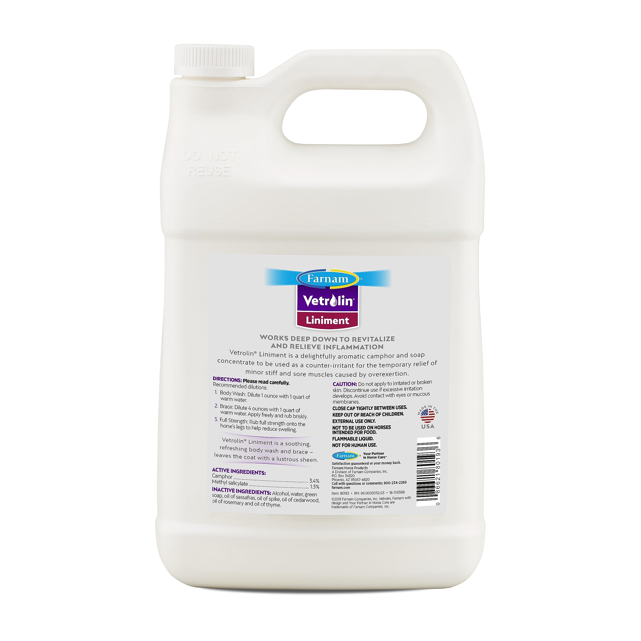 Farnam Vetrolin liniment delivers coat shine and soothing scent.