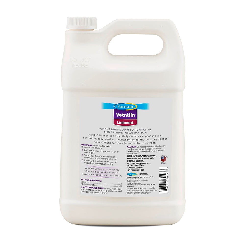 Farnam Vetrolin liniment delivers coat shine and soothing scent.