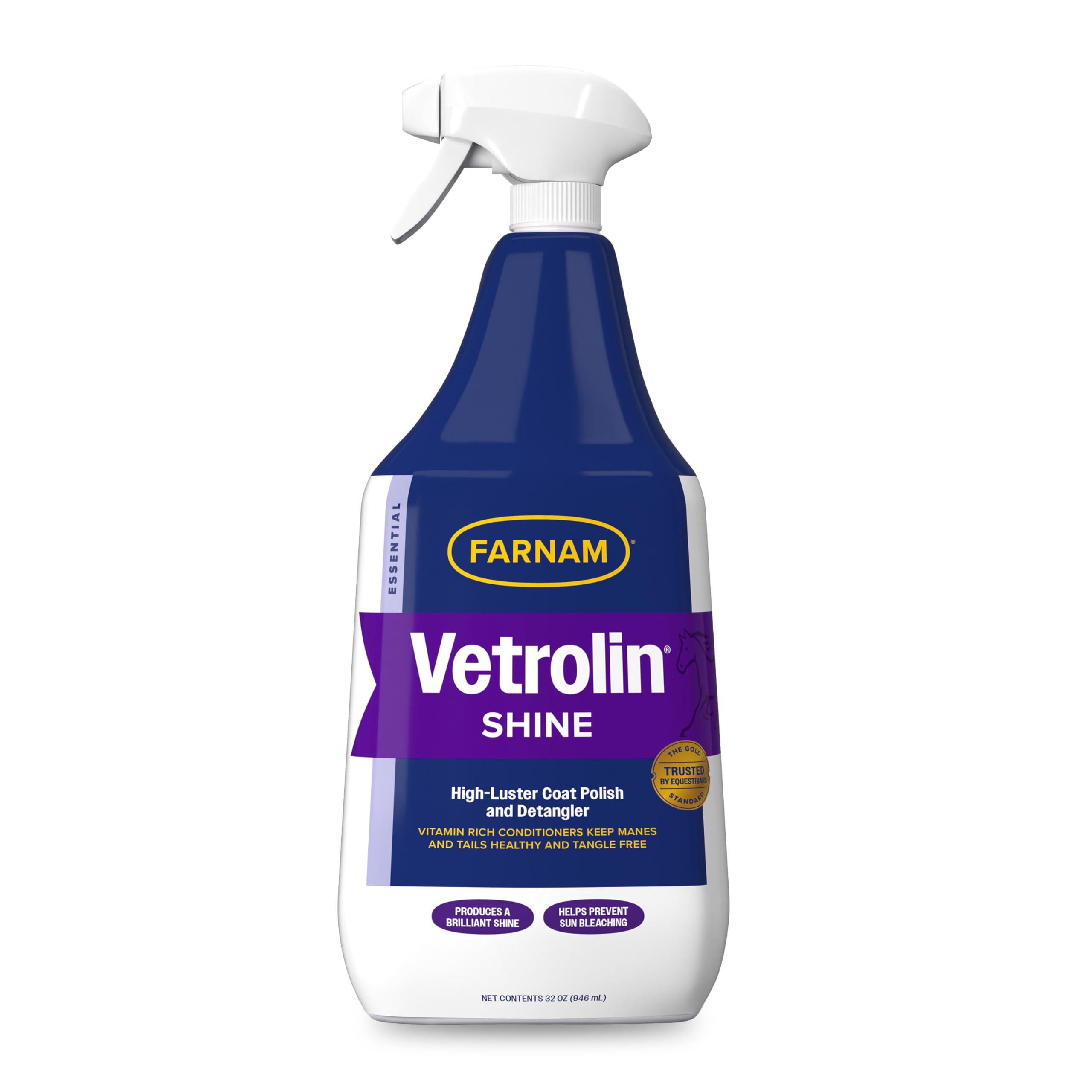 Farnam Vetrolin Shine coats horse with bright, lasting sheen.