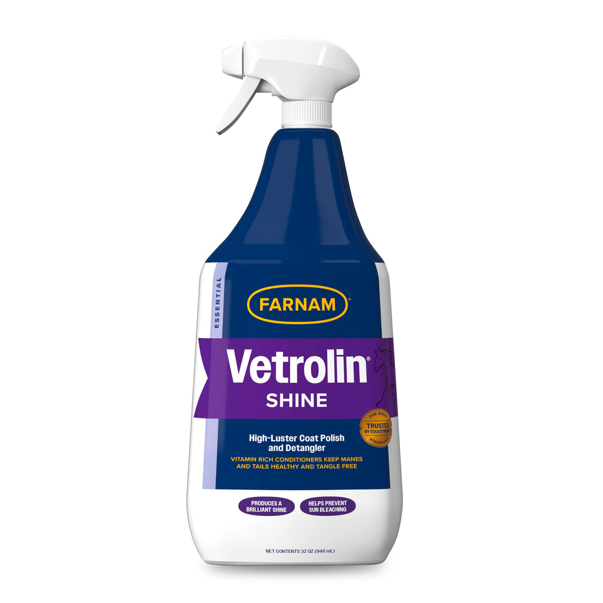 Farnam Vetrolin Shine coats horse with bright, lasting sheen.