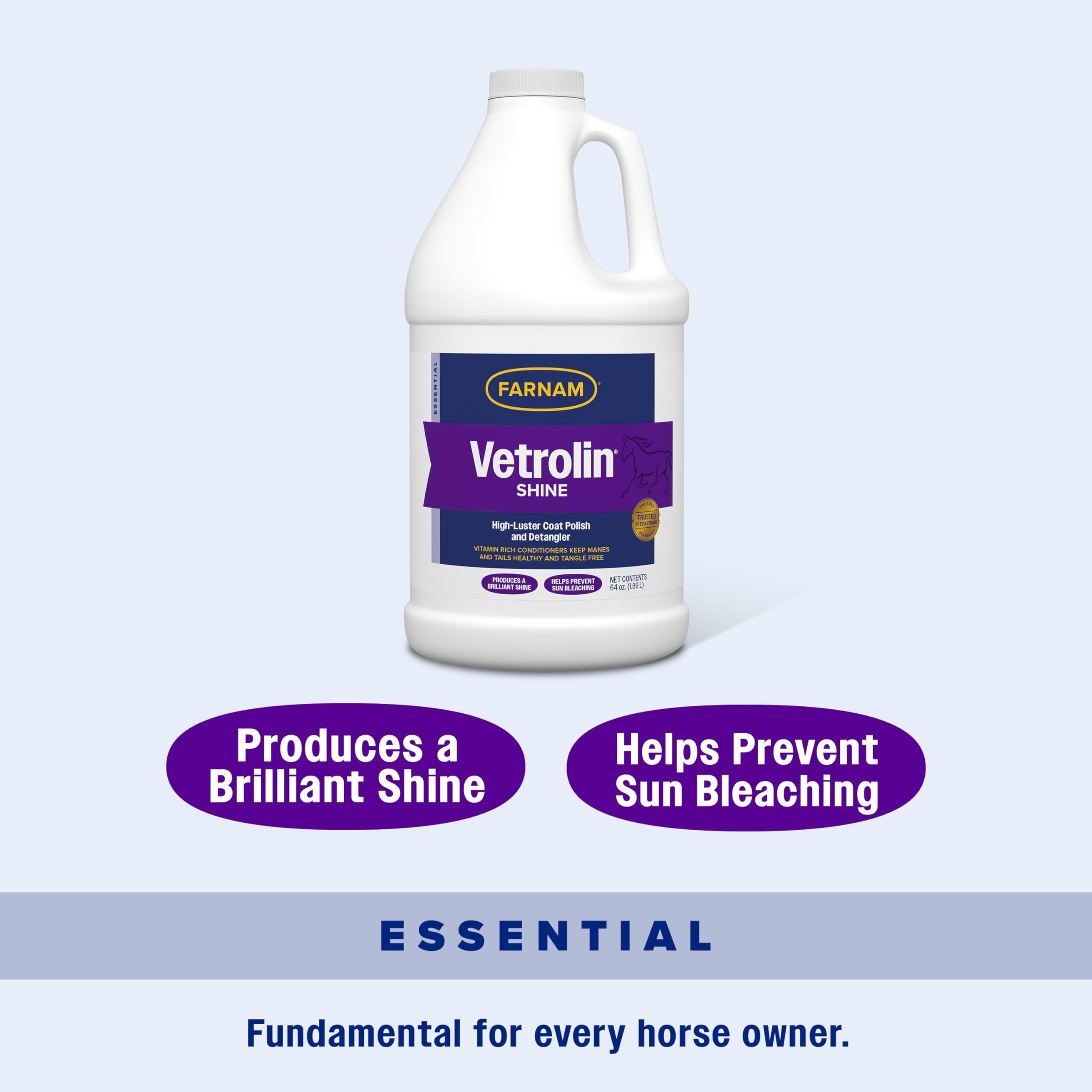 Farnam Vetrolin Shine protects coat from dust and weather exposure.
