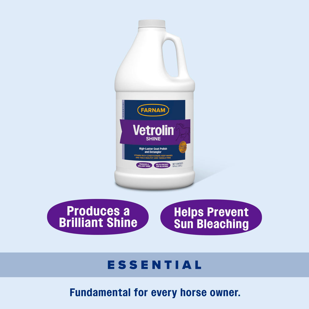 Farnam Vetrolin Shine protects coat from dust and weather exposure.