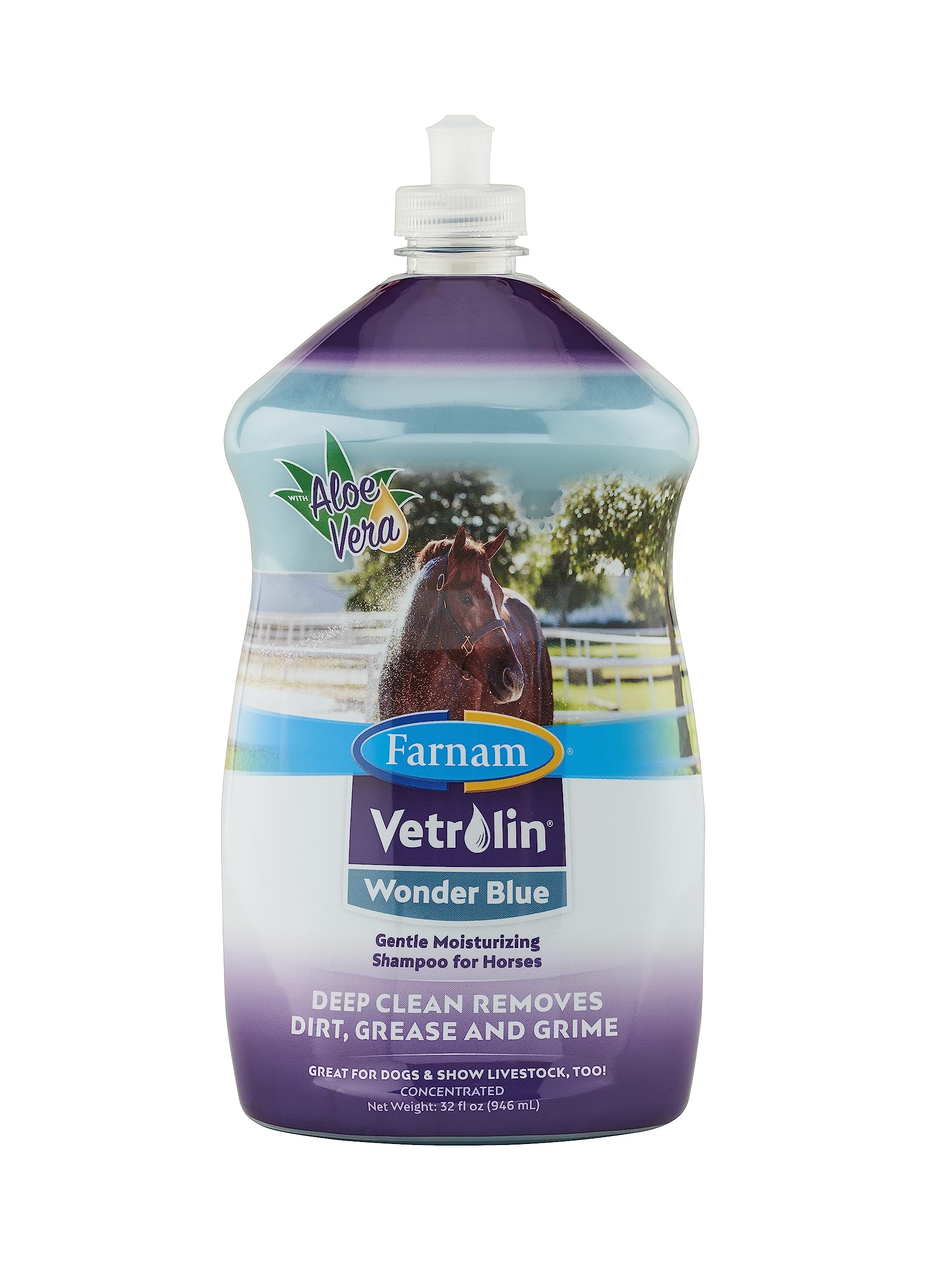 Farnam Vetrolin Wonder Blue shampoo bottle for easy grip during grooming sessions