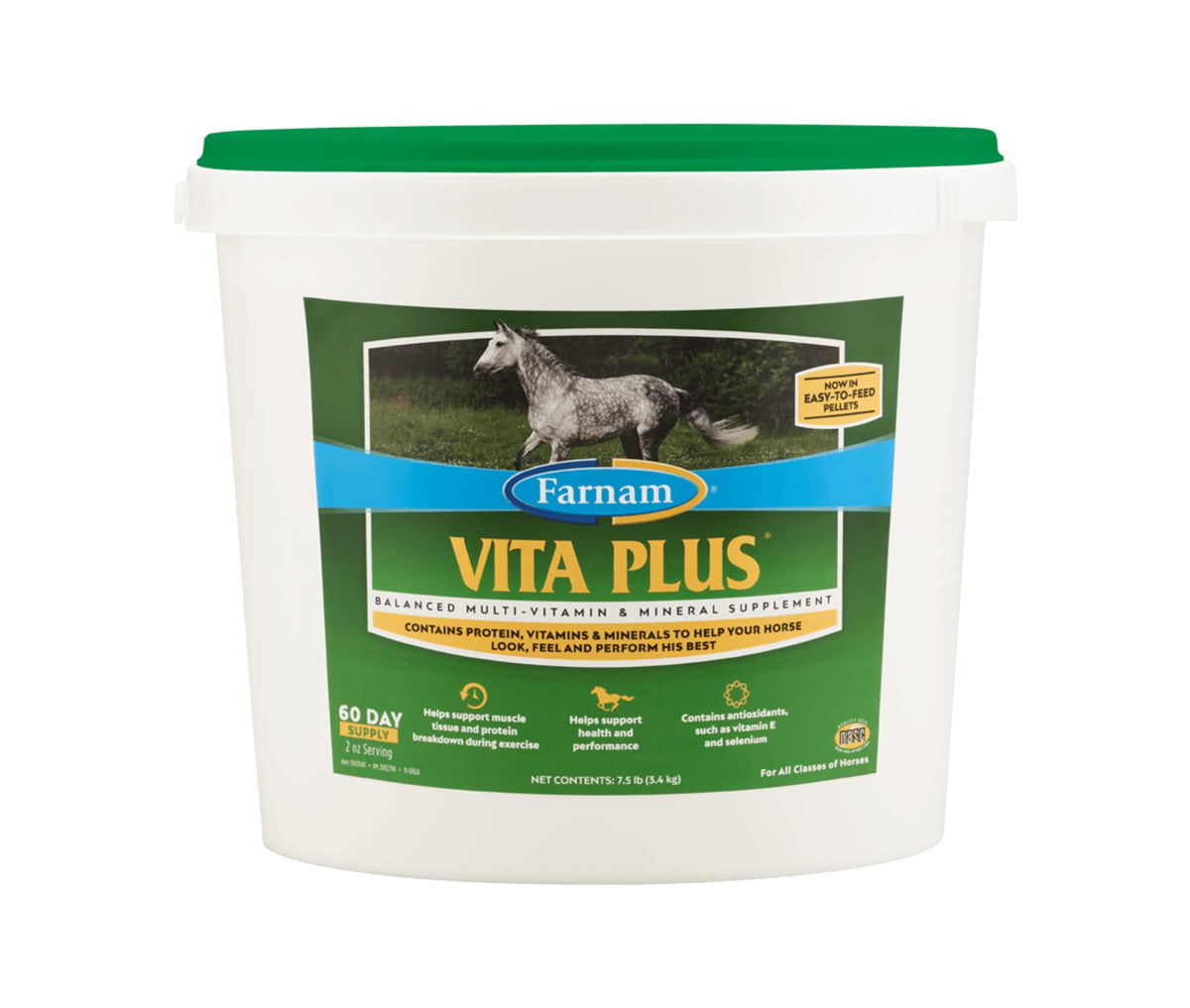 Farnam Vita Plus bottle with pellets supporting overall health in horses.