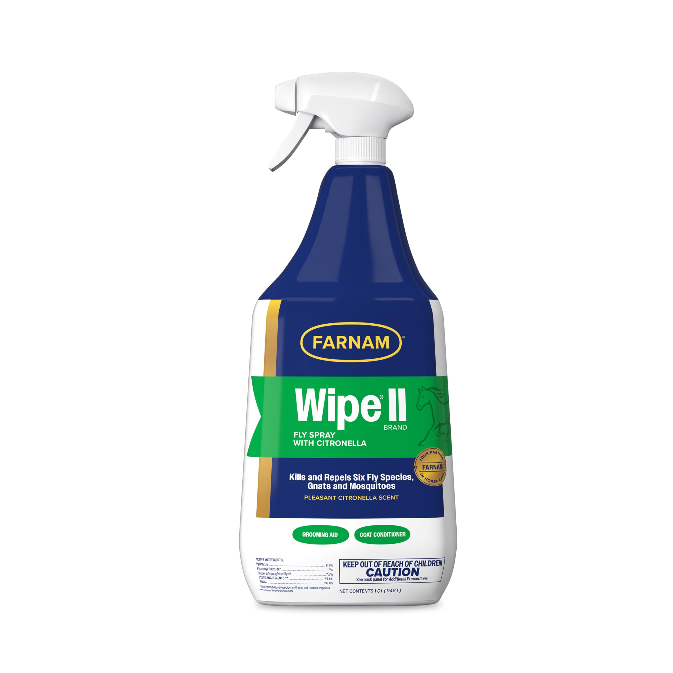 Farnam Wipe II citronella bottle highlights citrus scent for horse repellent use.