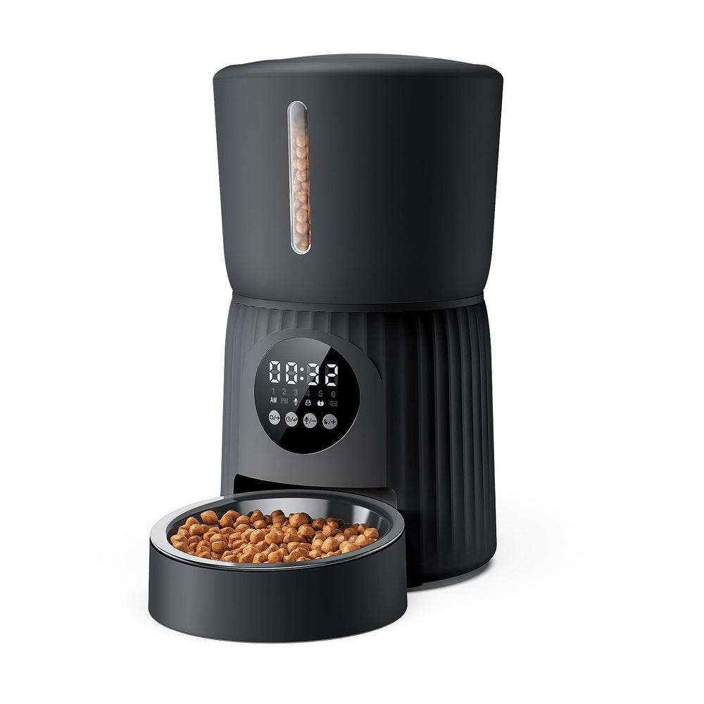 Faroro automatic cat feeder front view, sleek black design for reliable meal timing