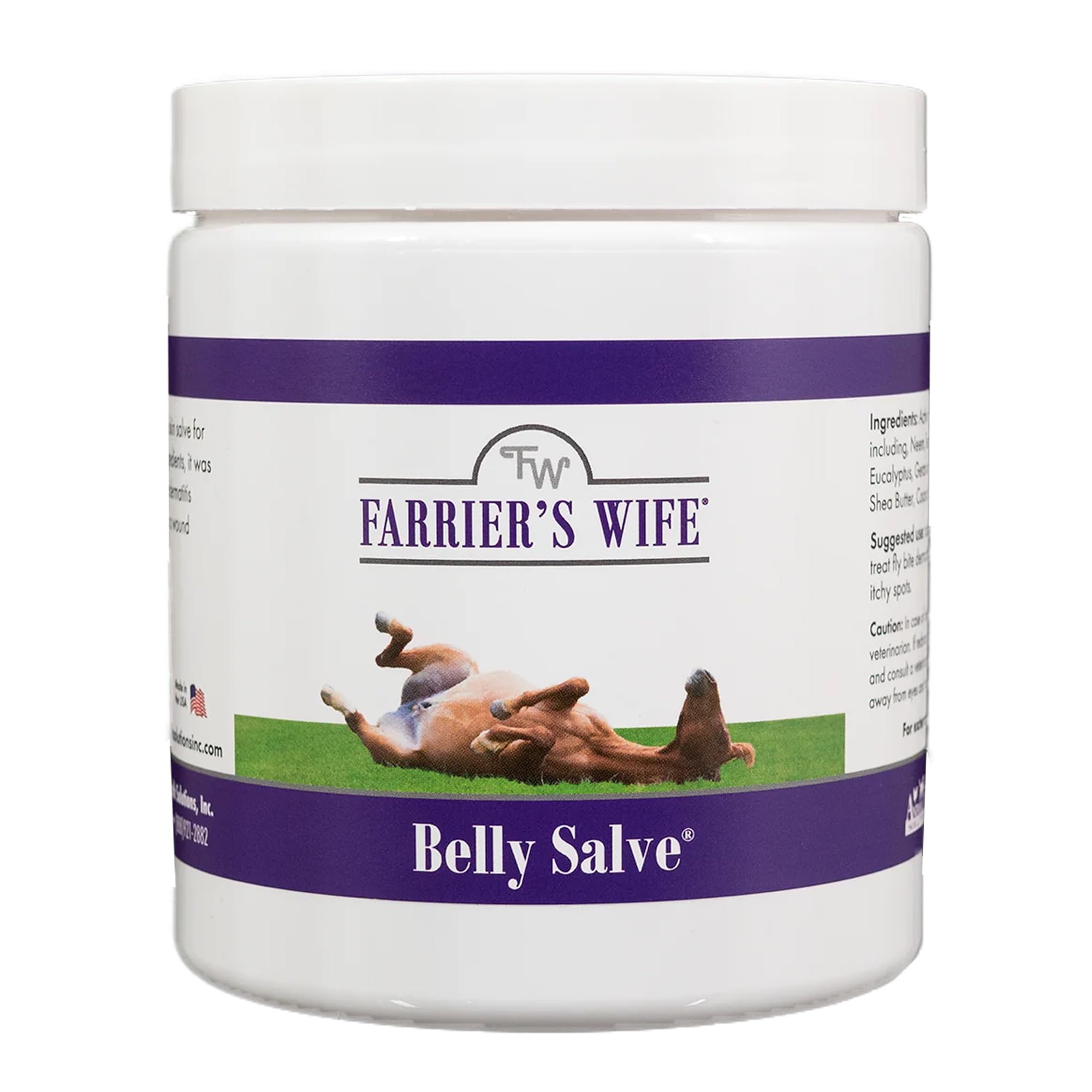 Farrier's Wife Belly Salve bottle close-up for soothing horse skin.