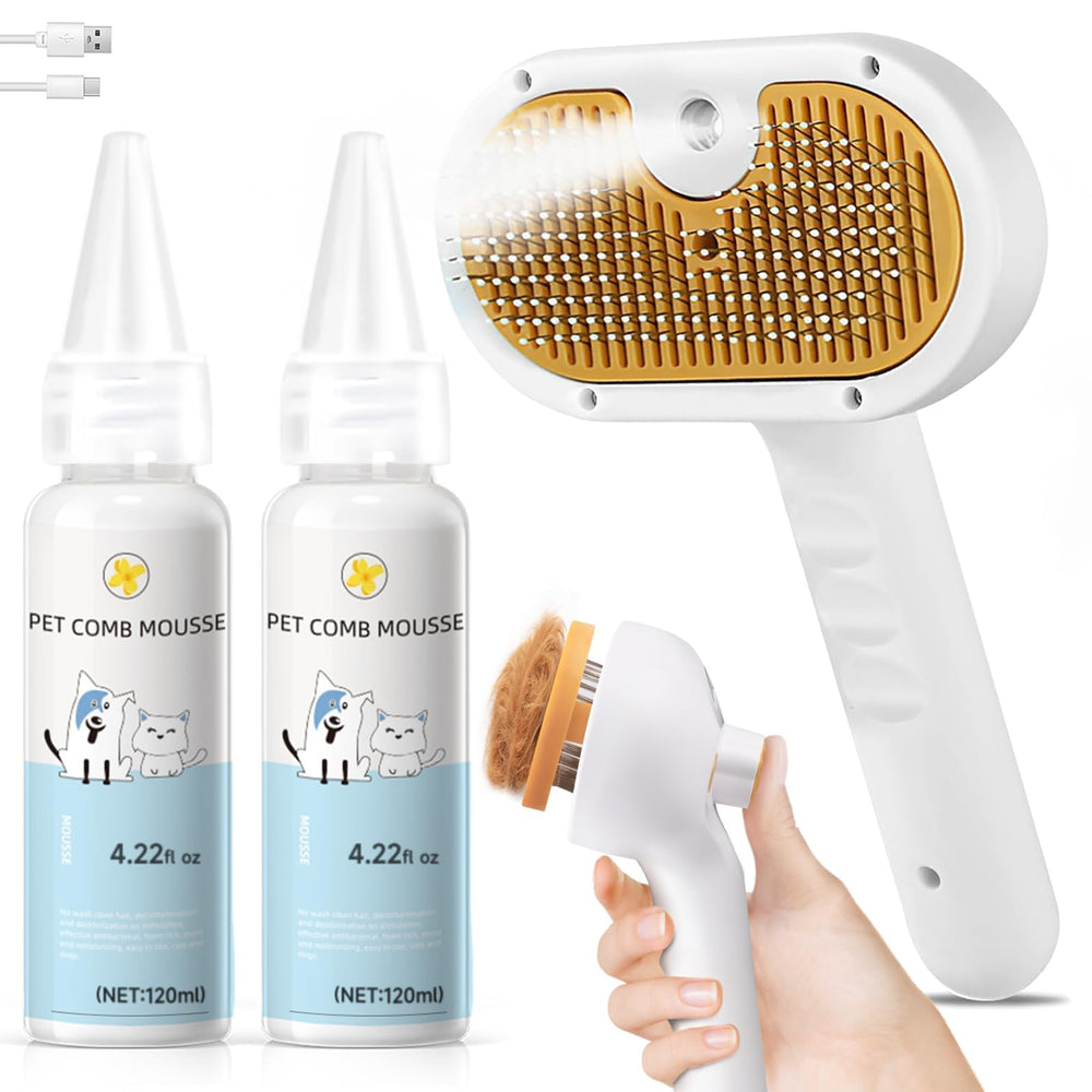 Fashionari Pet Steam Brush in use removing loose hair for a smoother coat.