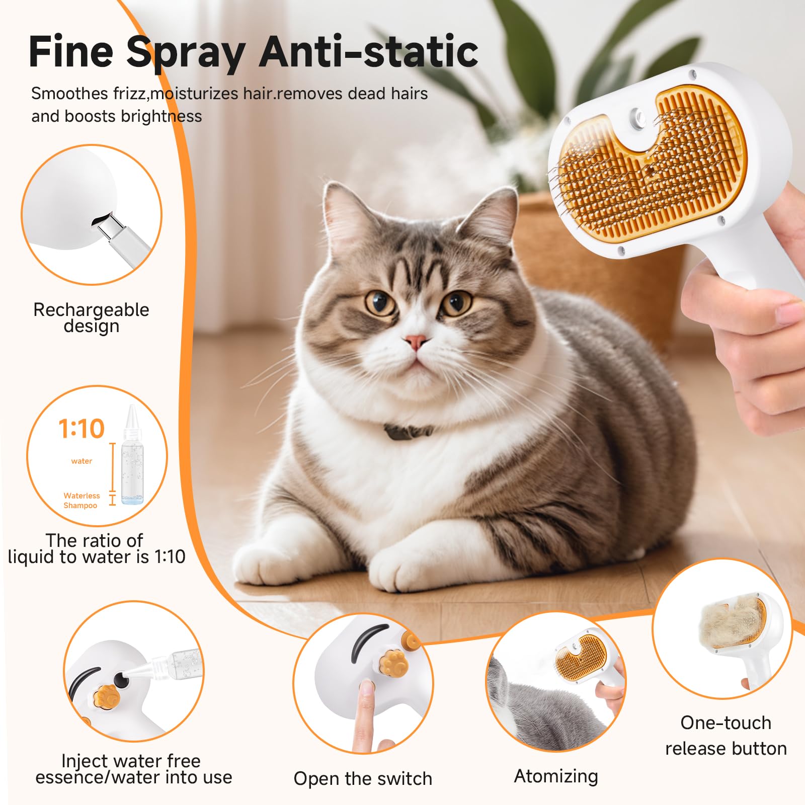 Fashionari Pet Steam Brush kit includes two waterless shampoos.