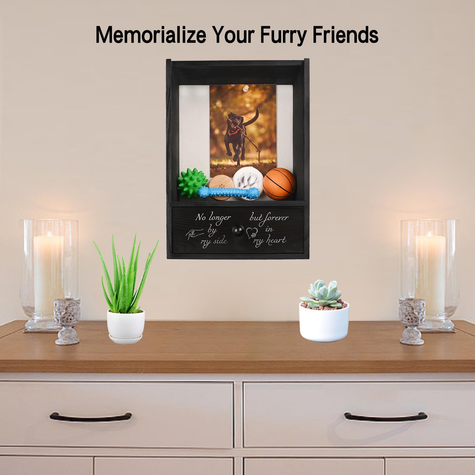 Favonuovy shadow box drawer opening for paw prints, collars and mementos.