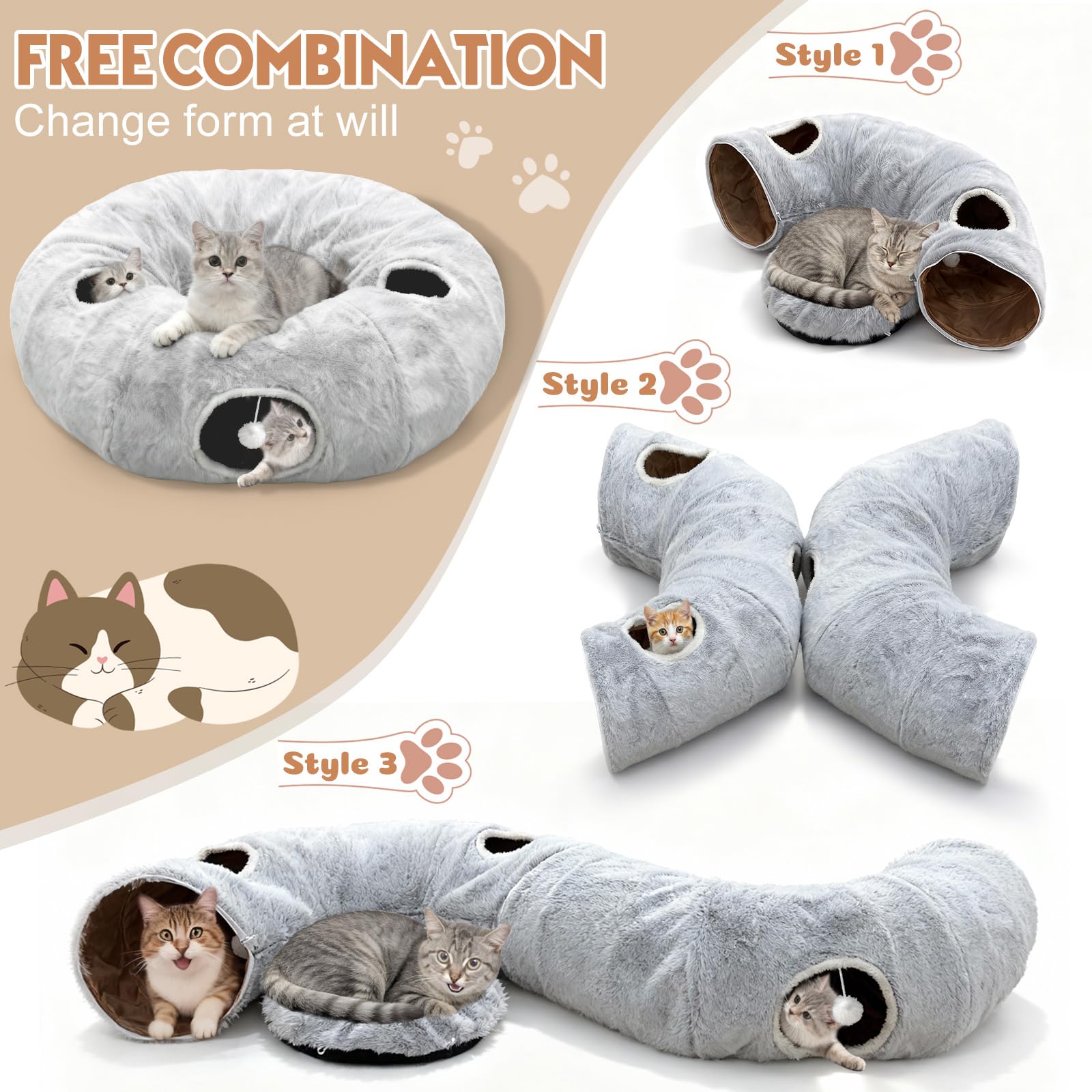 Fayavoo 4-Holes cat tunnel bed with cats inside for cozy naps and play
