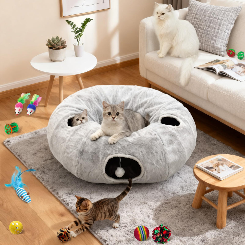 Fayavoo 4-Holes cat tunnel bed under Christmas tree for festive lounging
