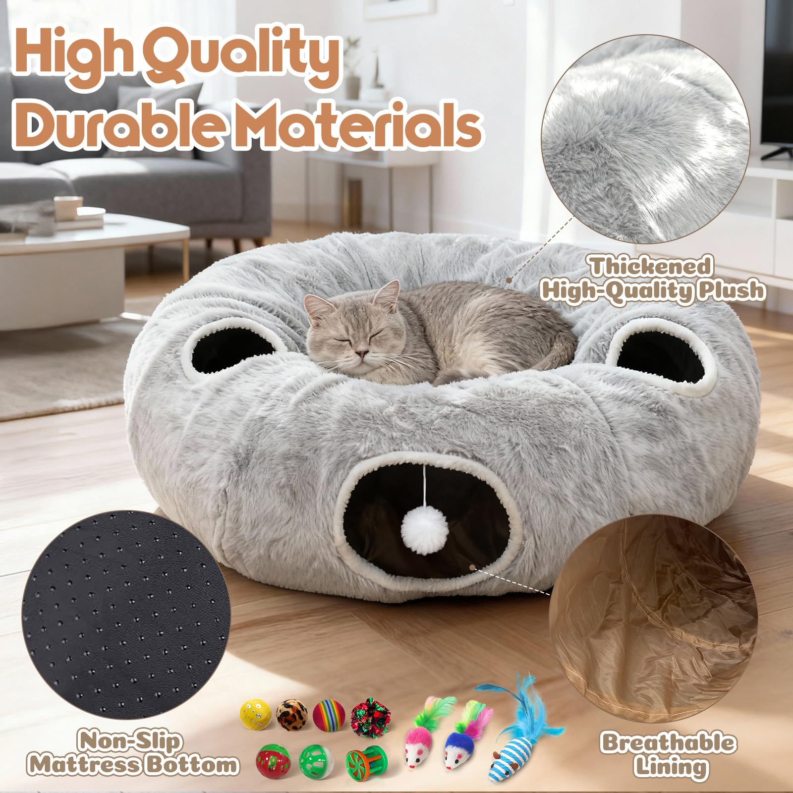 Hanging plush ball toy on Fayavoo tunnel enhances interactive play