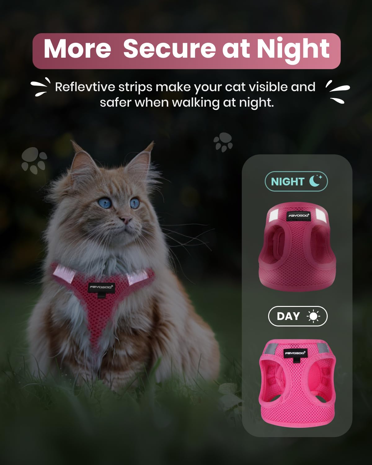 FAYOGOO harness with reflective strip for safer night walking.