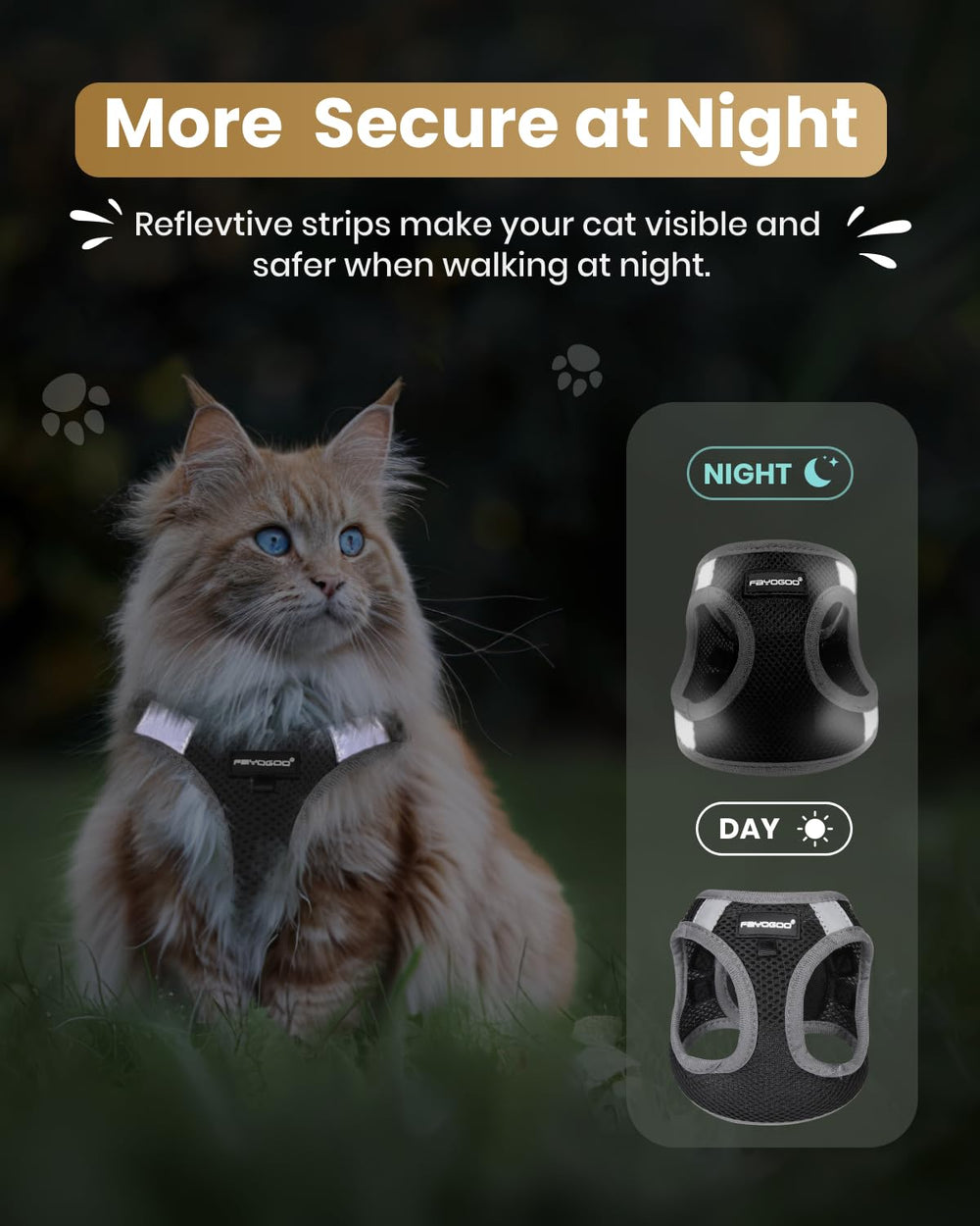 Reflective strip on FAYOGOO harness improves visibility at night.