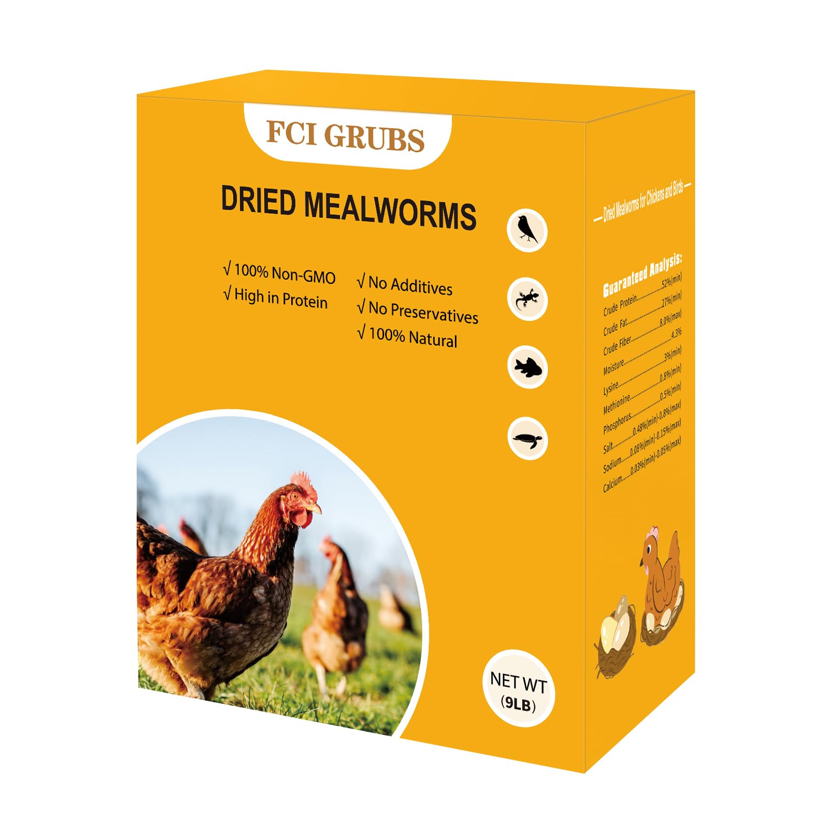 FCI GRUBS dried mealworms 9lb bag, high-protein poultry snack.