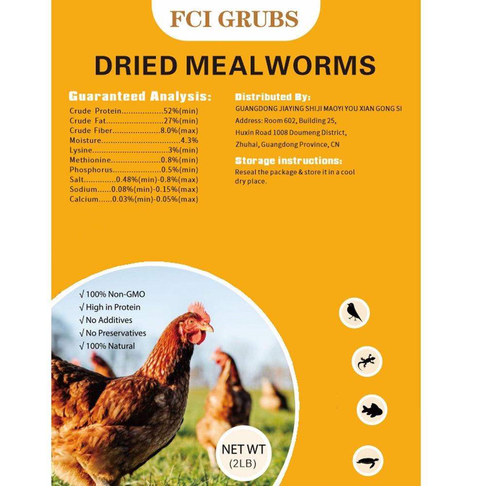 FCI GRUBS dried mealworms bag closeup, organic and protein-rich.