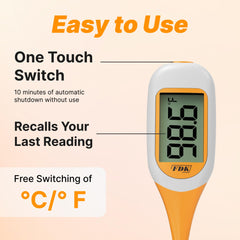 FDK Celsius/Fahrenheit switch with auto-shutoff conserves battery.