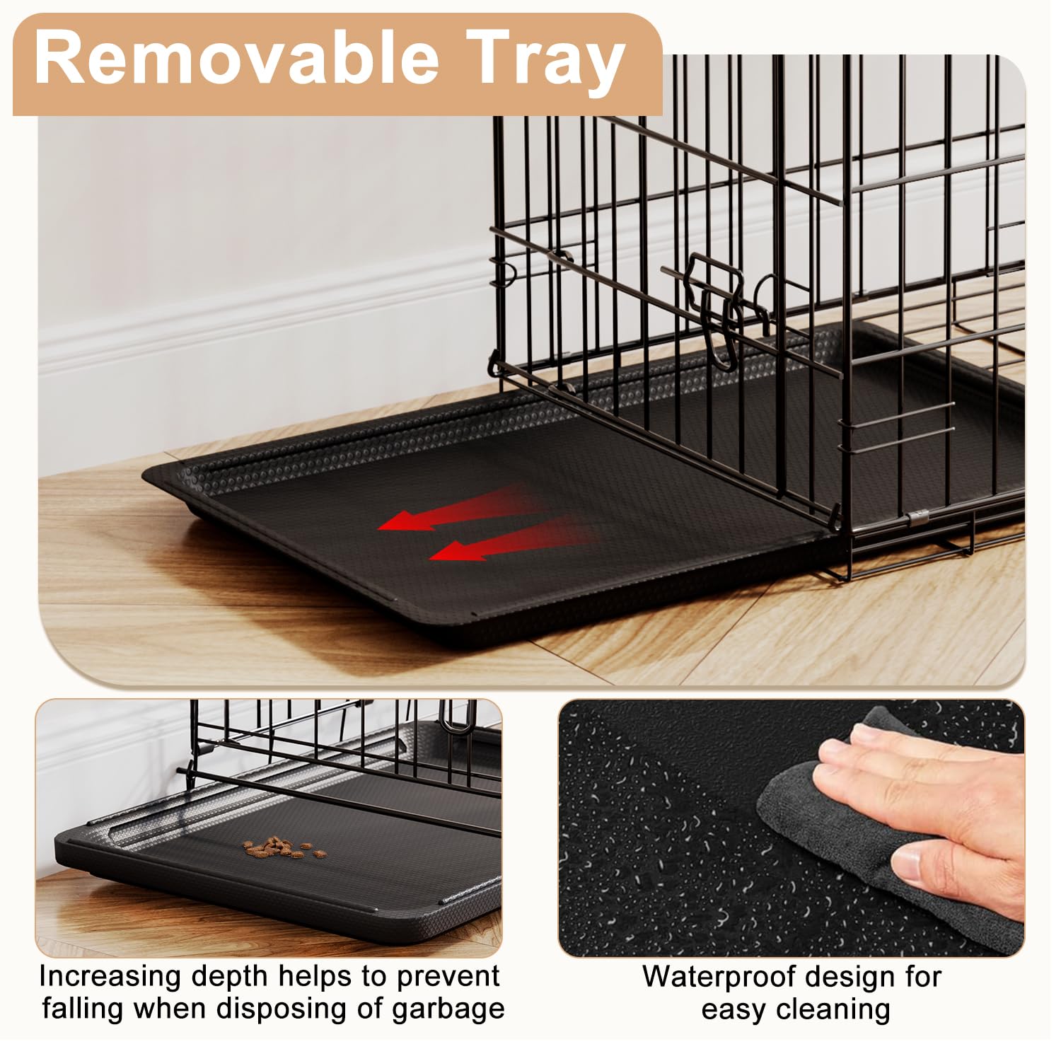 FDW 24-inch crate plastic tray is removable for quick cleanup
