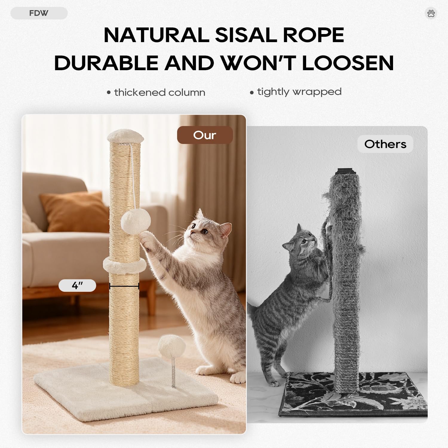 FDW cat scratching post wrapped in sisal rope for durable scratching.