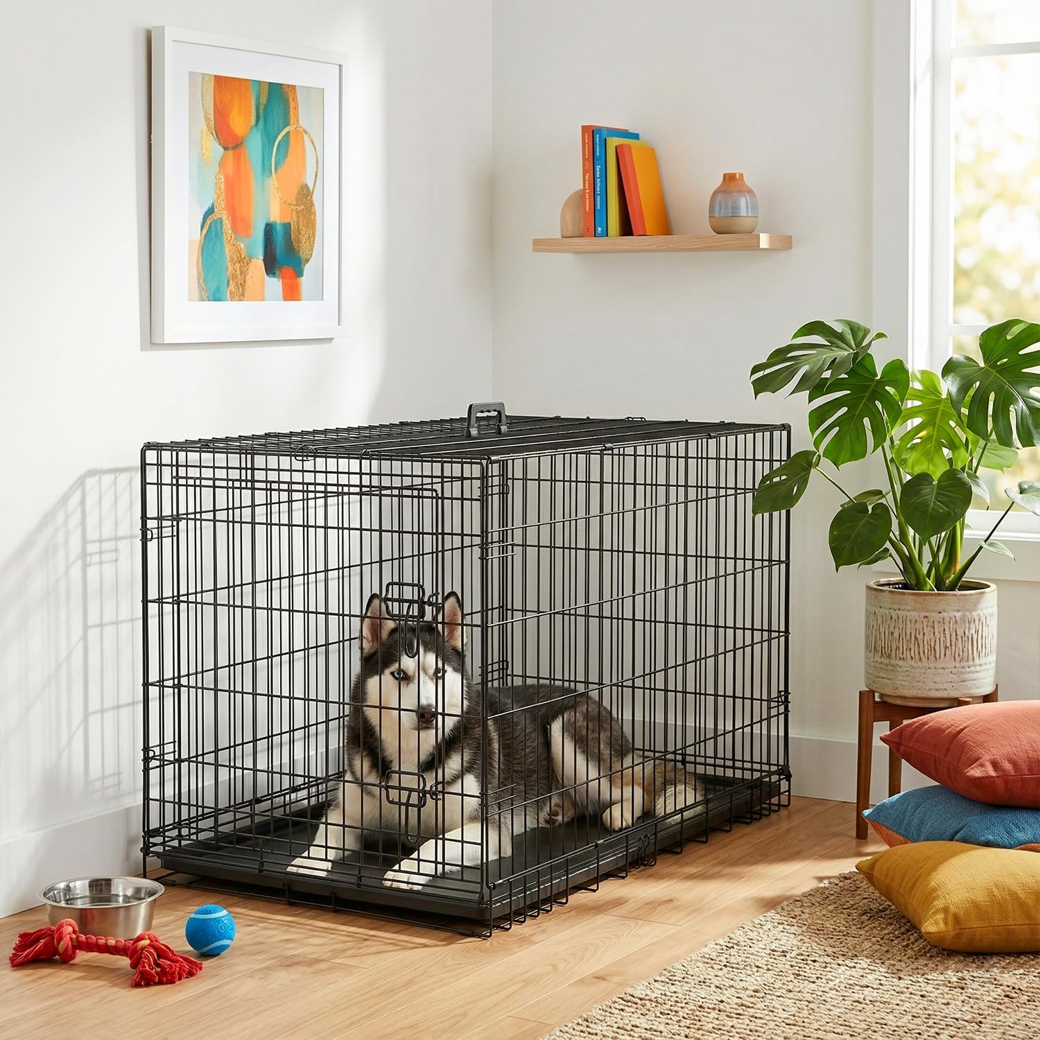 FDW 42-inch dog crate folded flat for easy storage during travel.