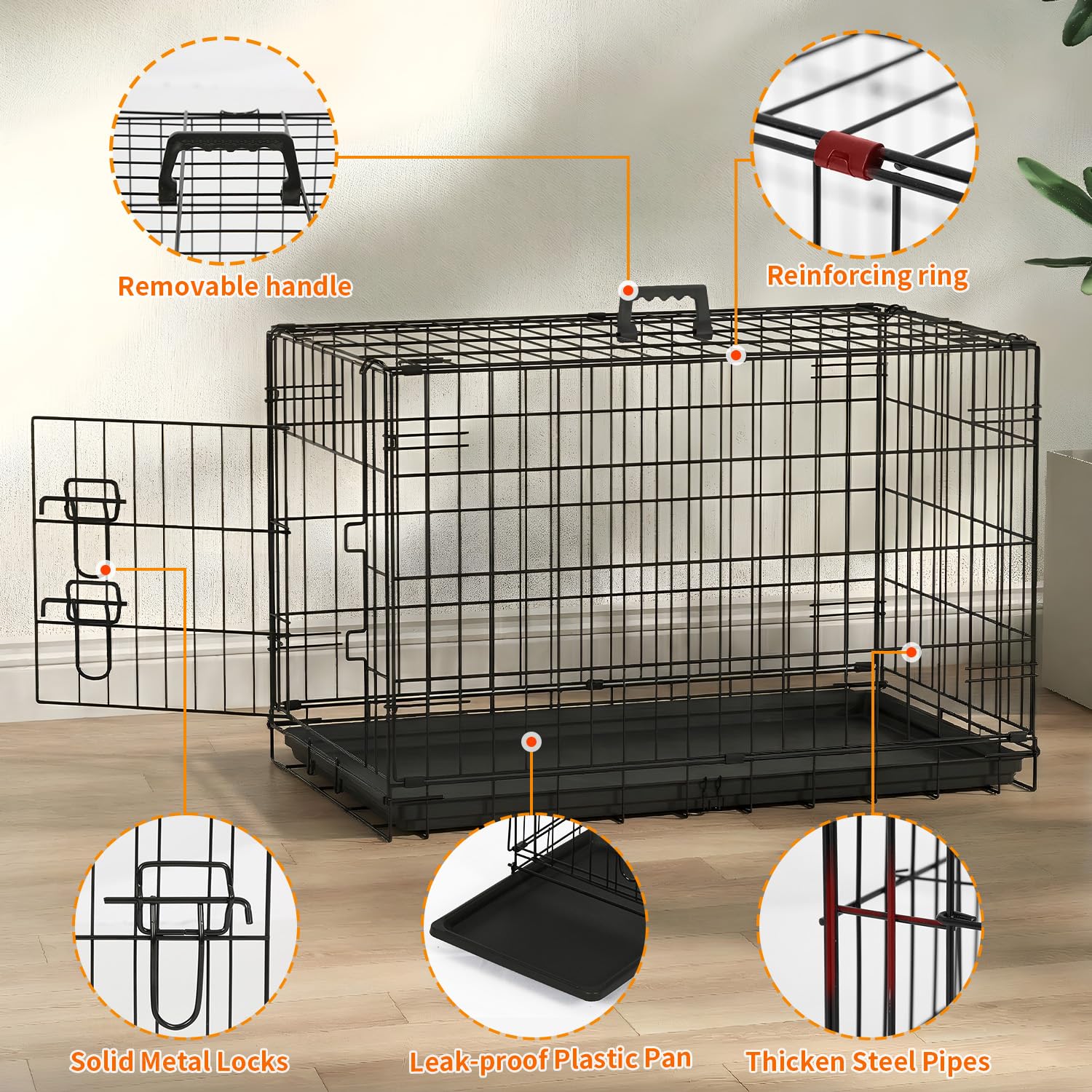 FDW 42-inch dog crate rust-resistant metal frame for lasting use.