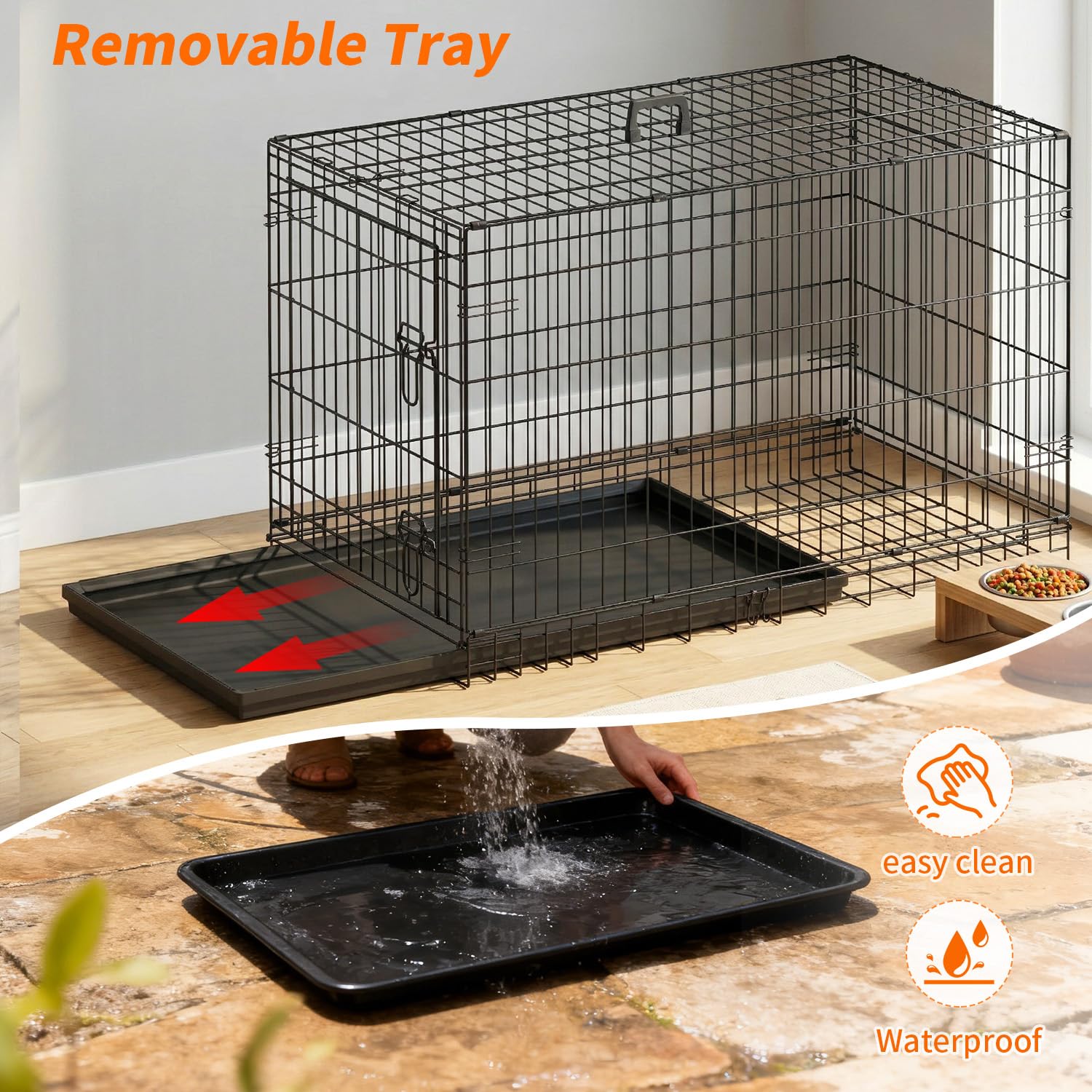 FDW 42-inch dog crate removable tray for quick cleanup after accidents.