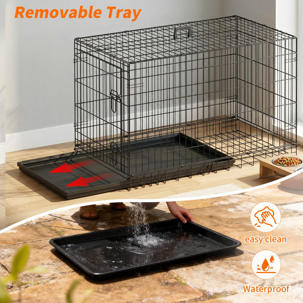 FDW 42-inch dog crate removable tray for quick cleanup after accidents.