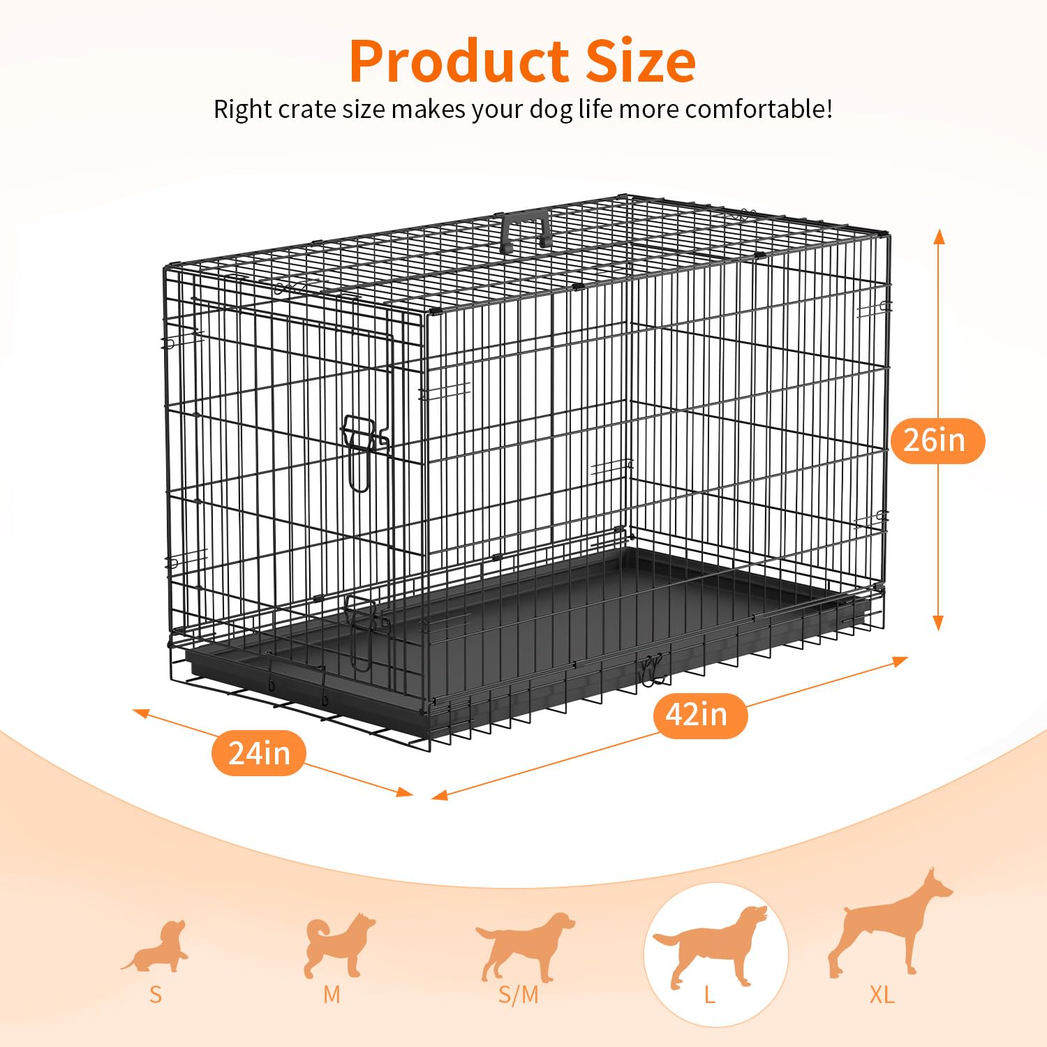 FDW 42-inch dog crate ready for indoor or outdoor use.
