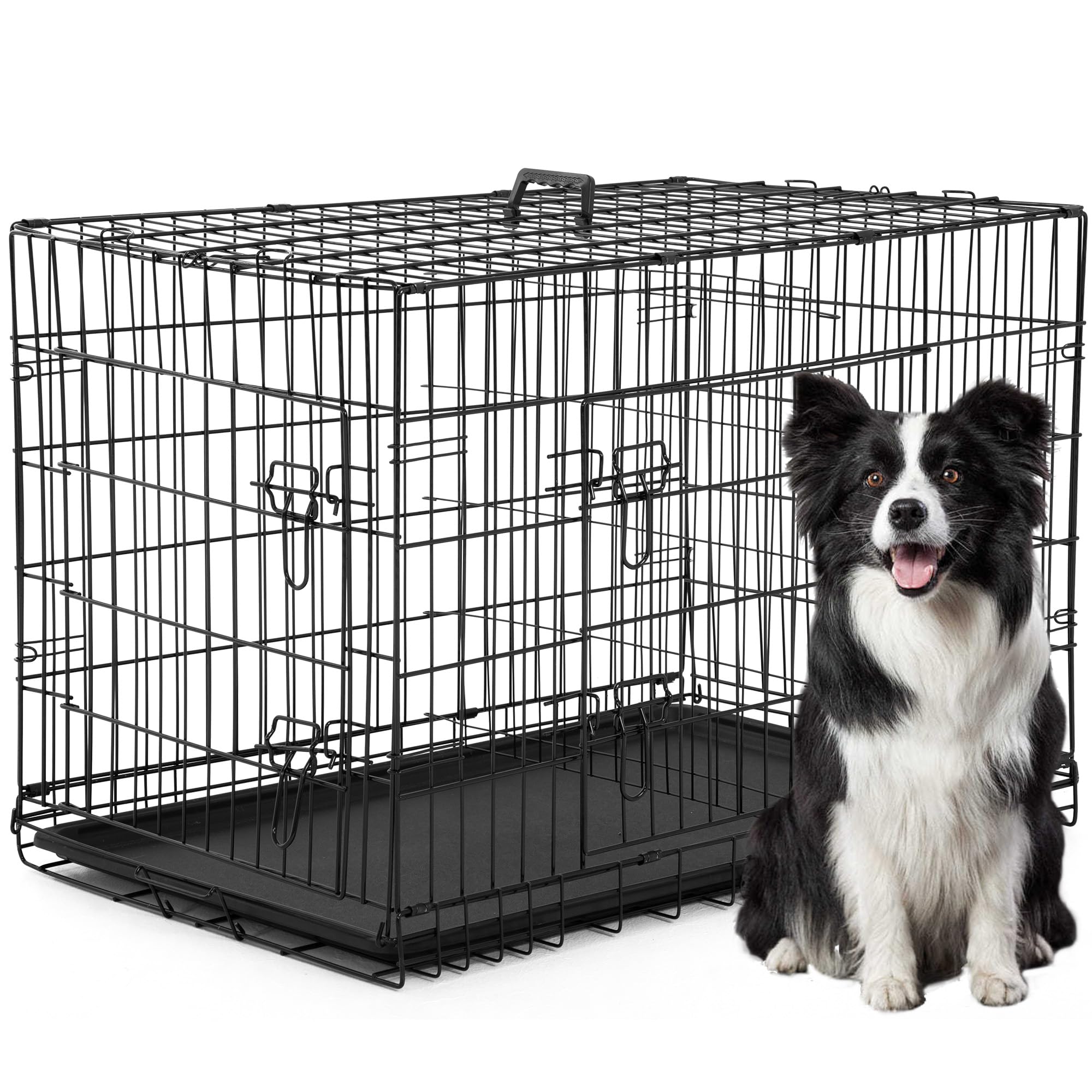 FDW 42-inch folding dog crate showing compact setup and storage capability.