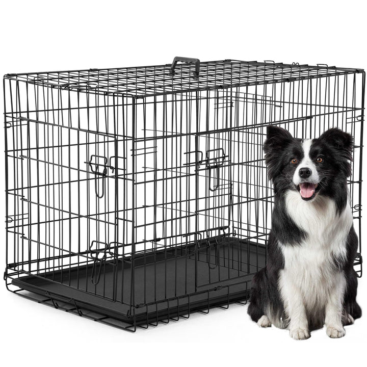FDW 42-inch folding dog crate showing compact setup and storage capability.