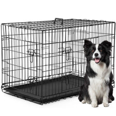 FDW 42-inch folding dog crate showing compact setup and storage capability.