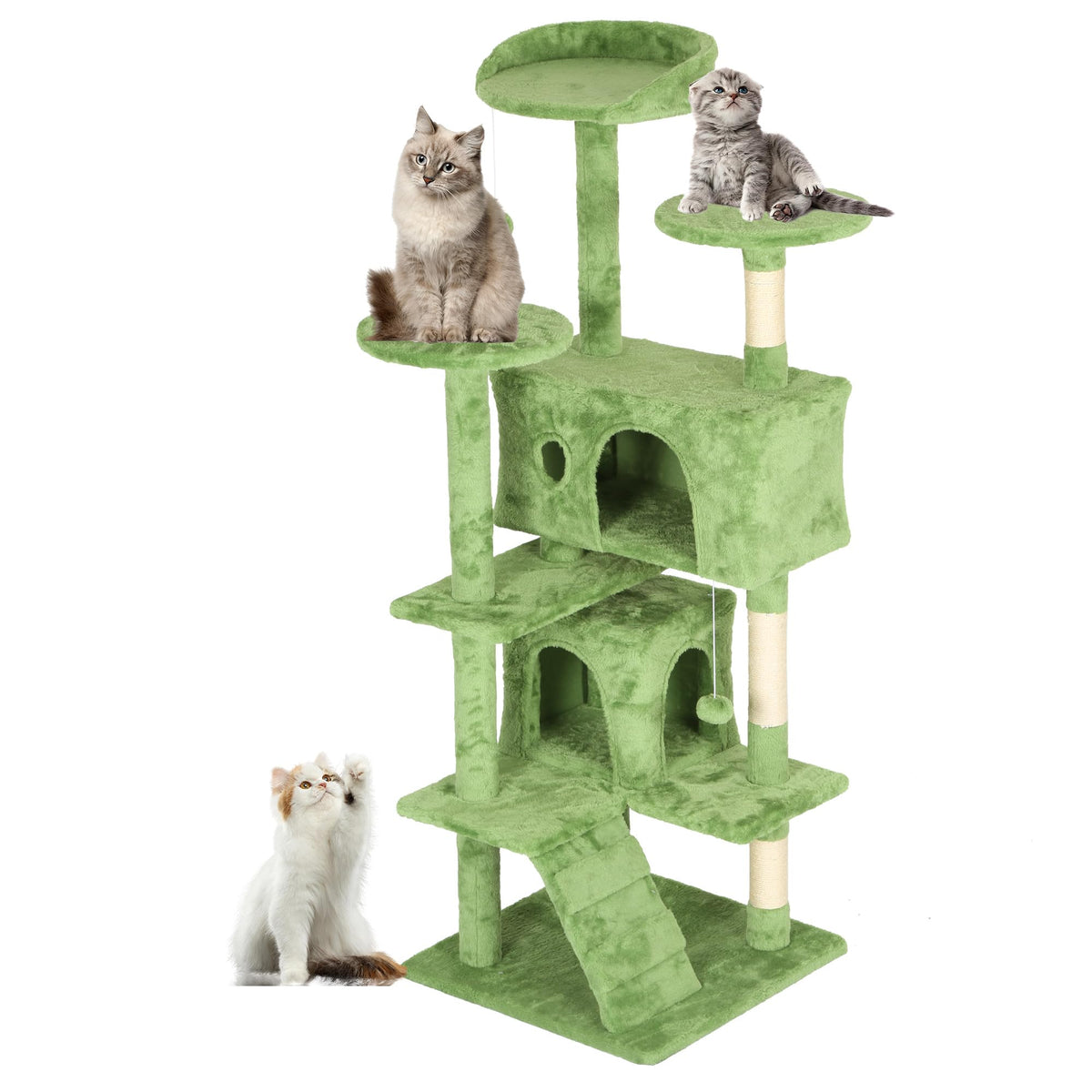FDW 54" cat tree green, overview of multi-level climbing and lounging setup.