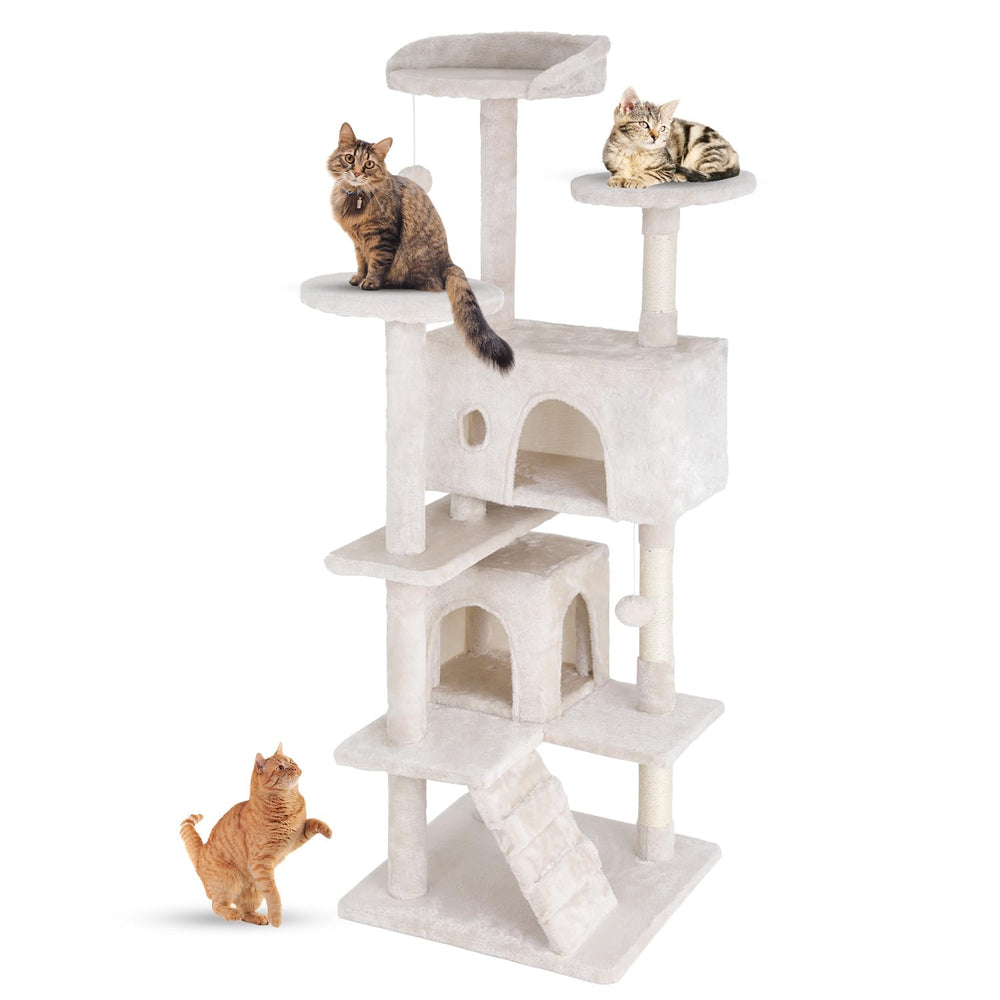 FDW 54-inch cat tree tower beige with multi-level perches for climbing and lounging.